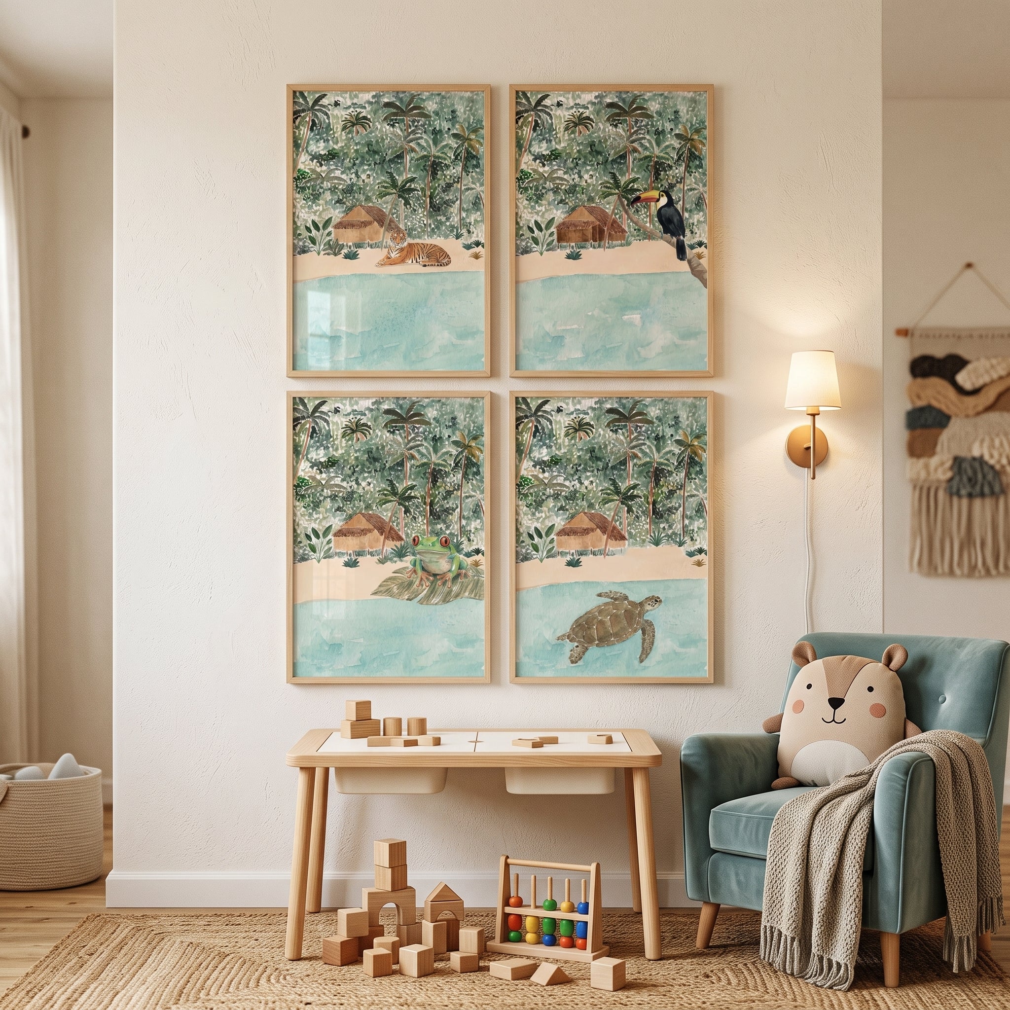 Soft Watercolor Jungle Animals Wall Art Set of 4 - Tropical Island Wildlife