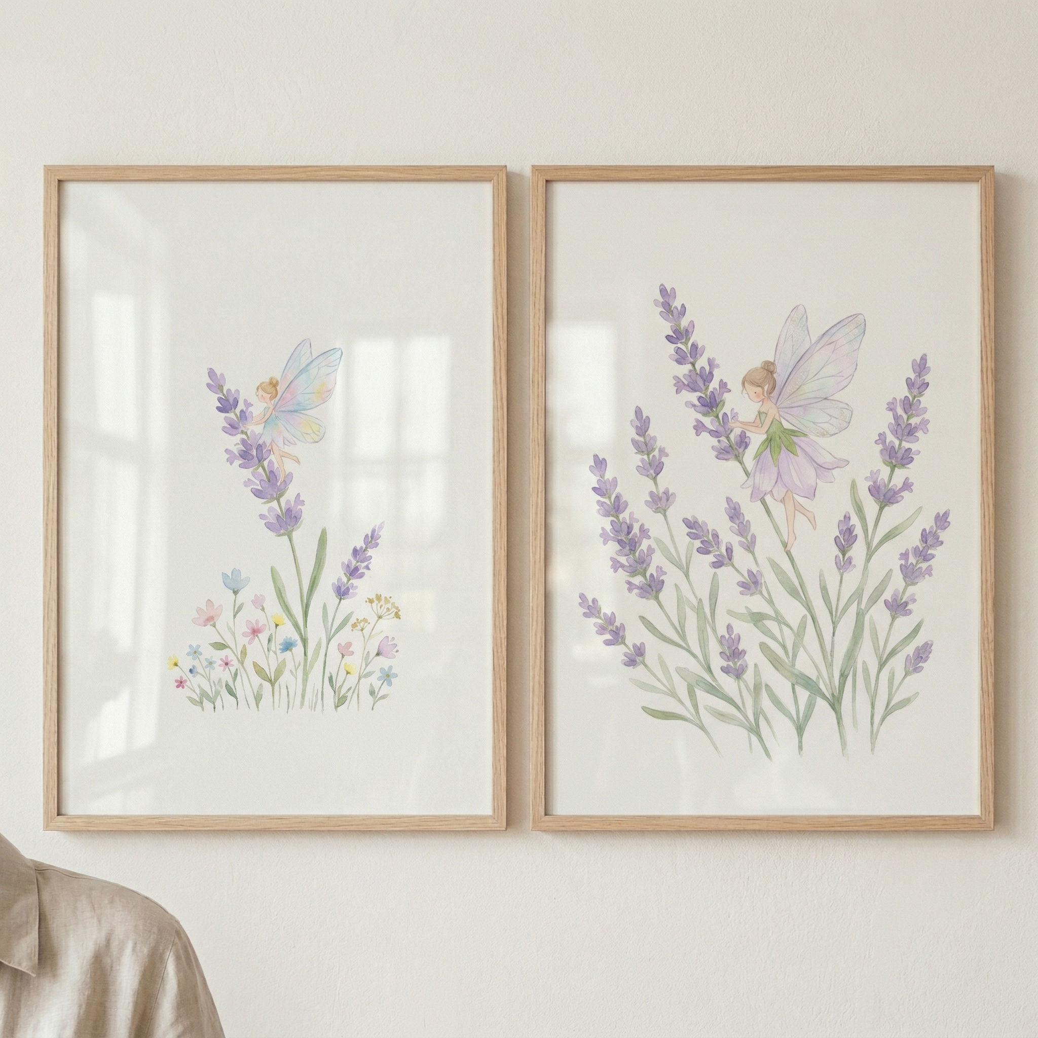 Soft Watercolor Lavender Fairy Wall Art Set of 2 - Lavender Fairy Garden
