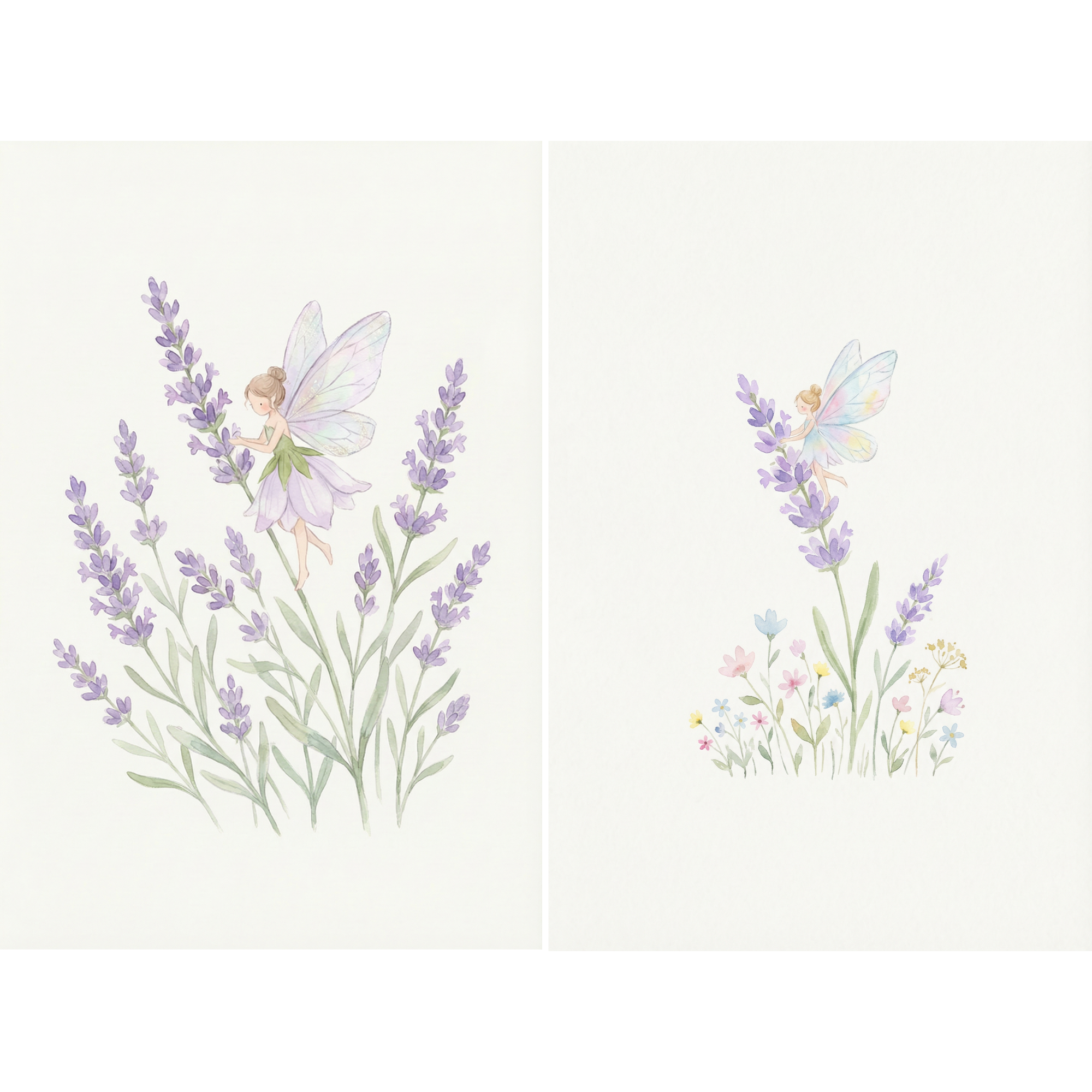 Soft Watercolor Lavender Fairy Wall Art Set of 2 - Lavender Fairy Garden