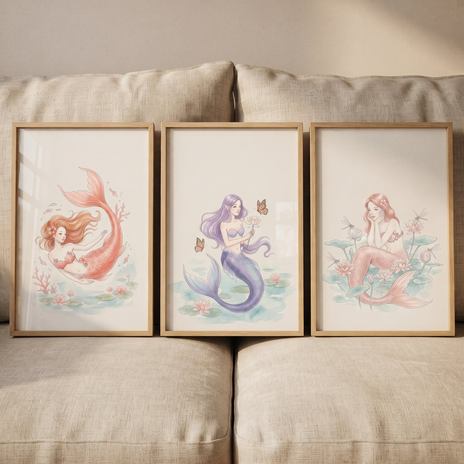 Soft watercolor mermaid wall art set of 3 in wood frames leaning on a sofa, featuring mermaids in red, purple, and pink.