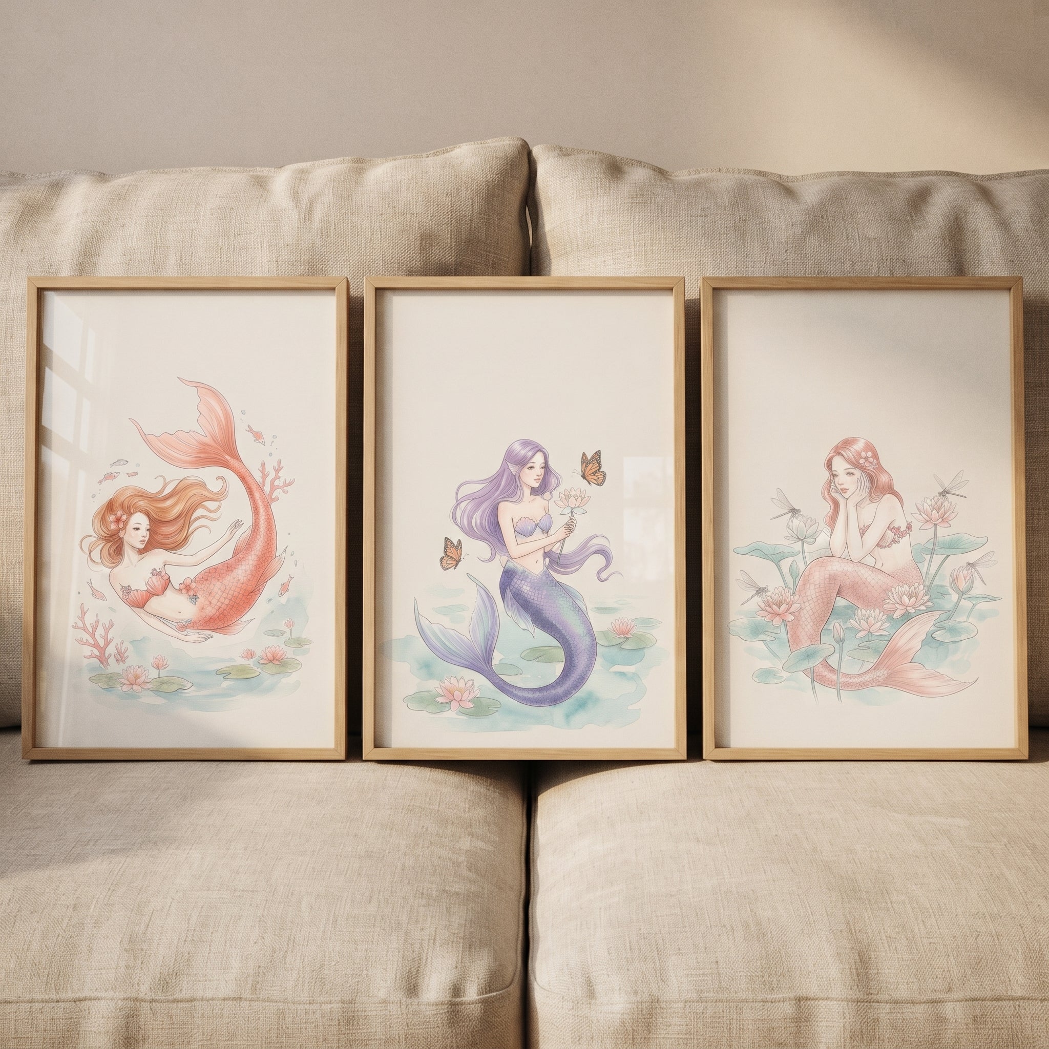 Soft Watercolor Mermaid Wall Art Set of 3 - Enchanted Water Sisters