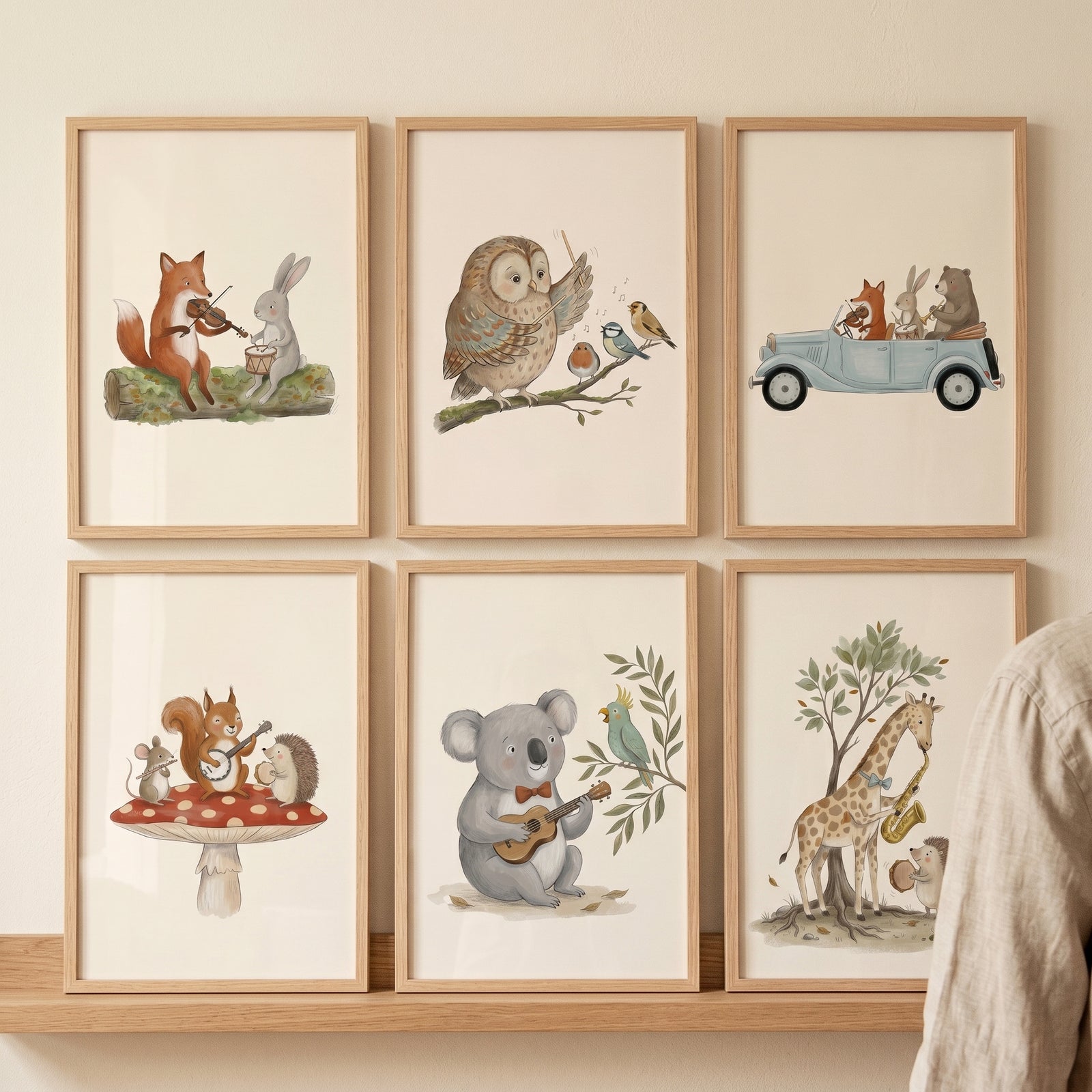 Soft watercolor musical animal wall art set of 6 with animals playing instruments and driving a car in wooden frames.