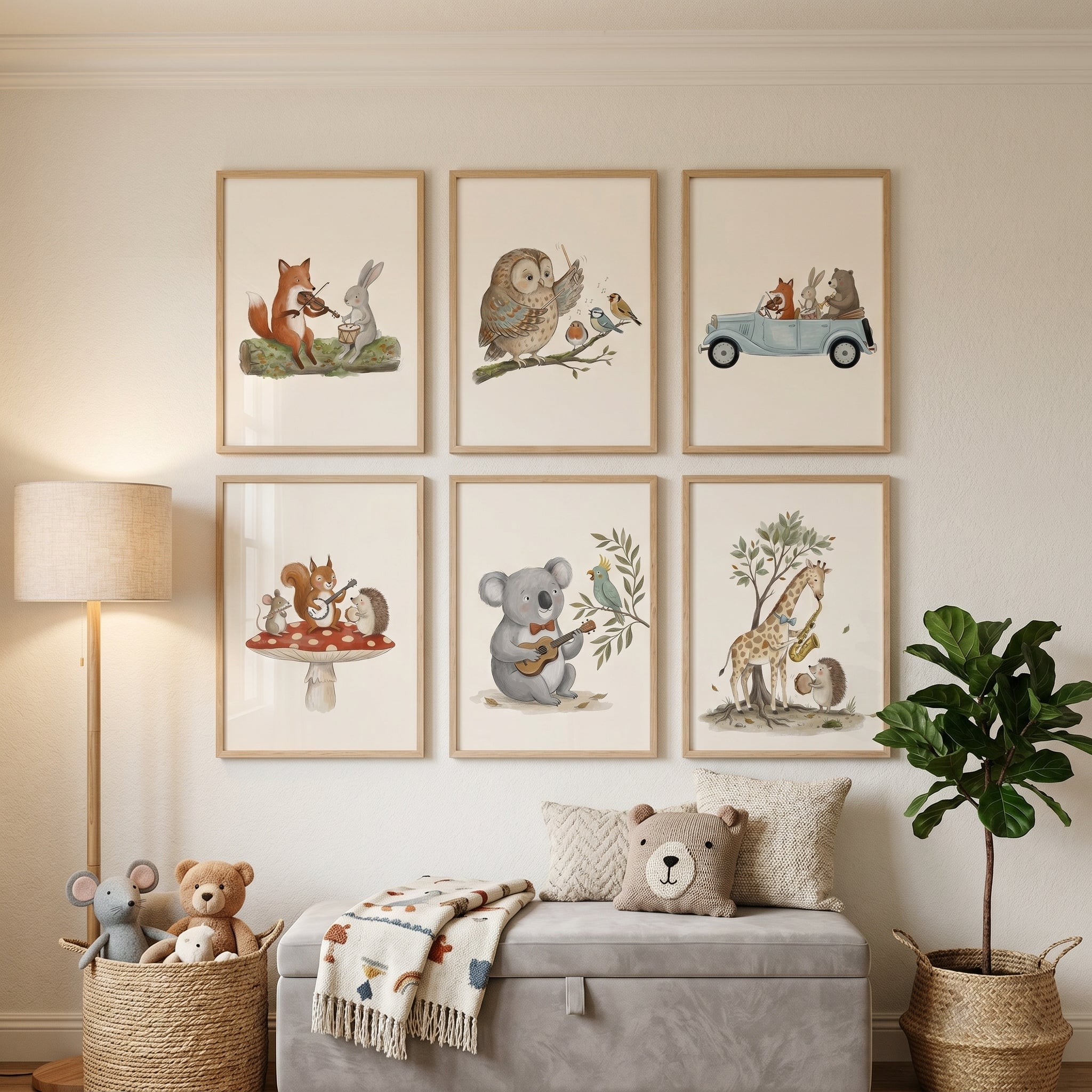 Soft Watercolor Musical Animal Wall Art Set Of 6 - Woodland Melody Set