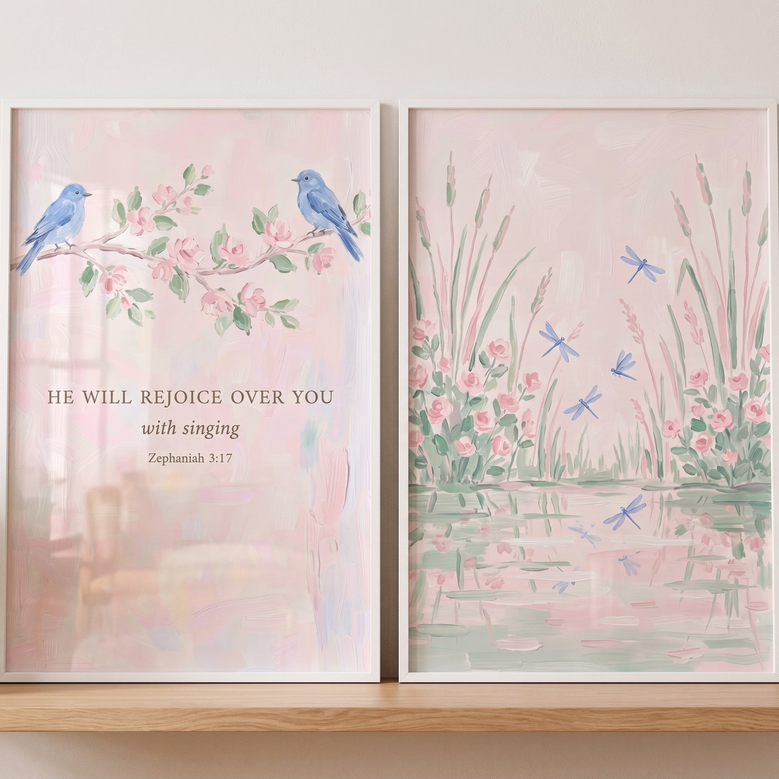 Soft watercolor nature scene wall art set of 2 featuring blue birds, pink flowers, dragonflies, and a Bible verse.