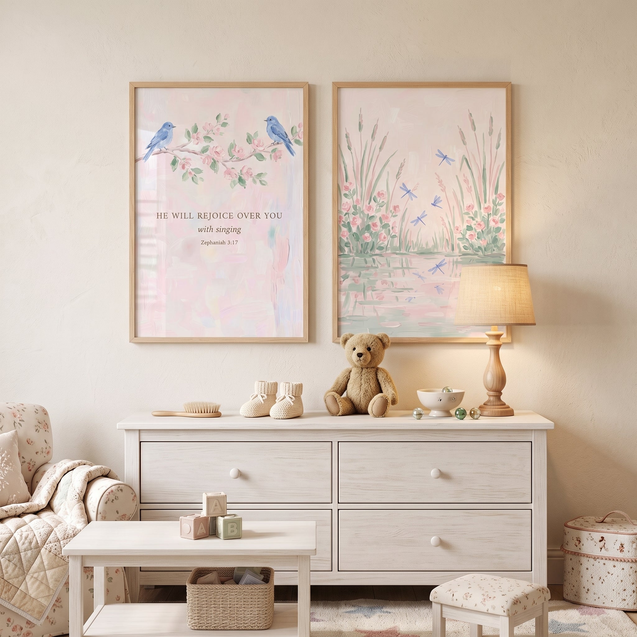 Soft Watercolor Nature Scene Wall Art Set of 2 - Singing Over You