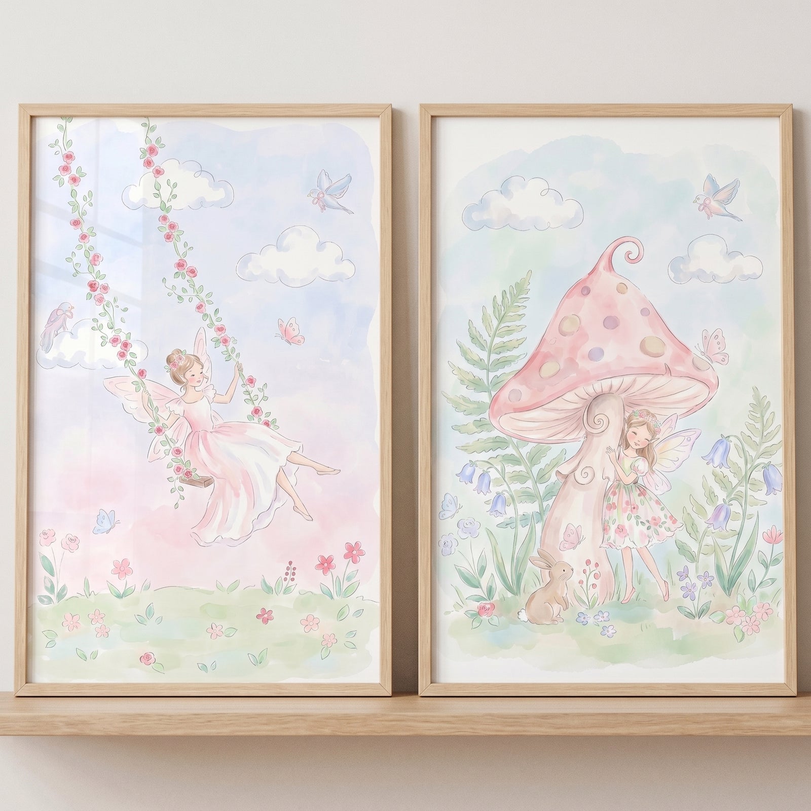 Soft watercolor pastel fairy wall art set of 2 featuring a fairy on a floral swing and one with a bunny by a pink mushroom.
