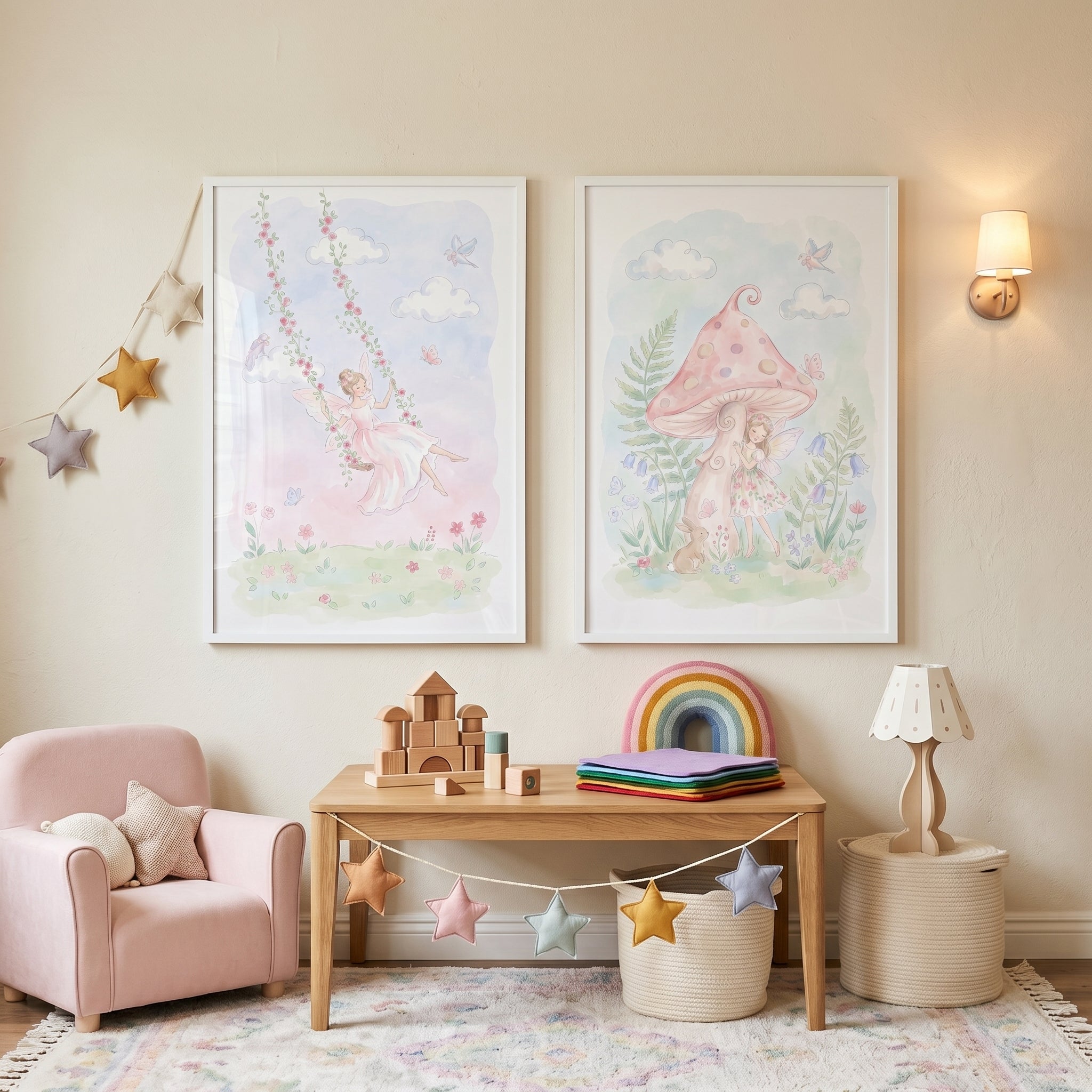 Soft Watercolor Pastel Fairy Wall Art Set of 2 - Whimsical Fairy Garden