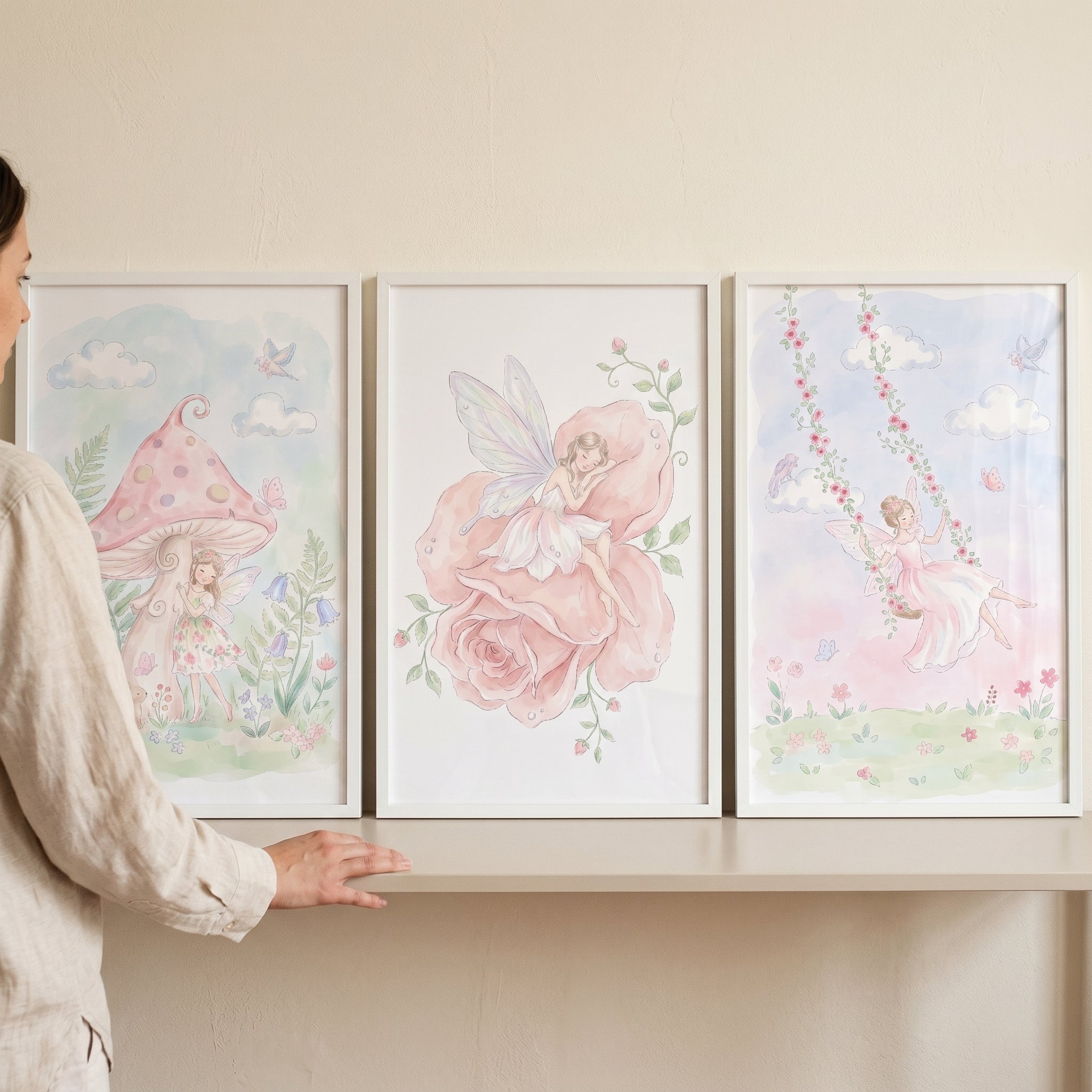 Soft Watercolor Pink Fairy Wall Art Set Of 3 - Pastel Garden Sprites