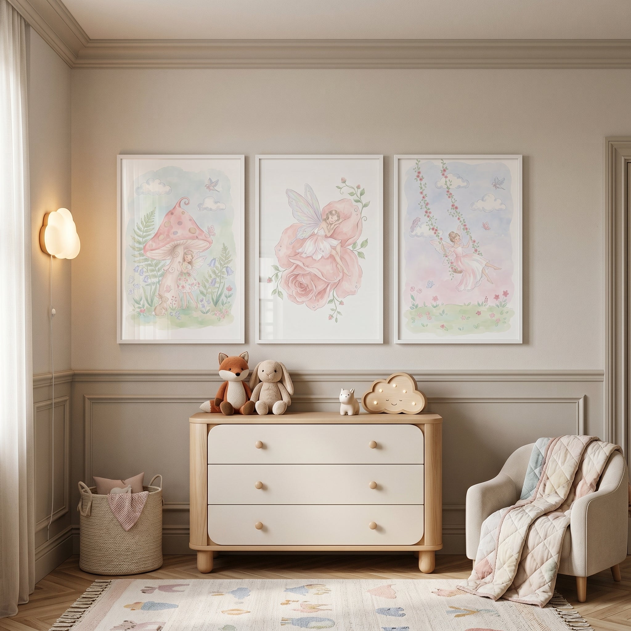 Soft Watercolor Pink Fairy Wall Art Set Of 3 - Pastel Garden Sprites