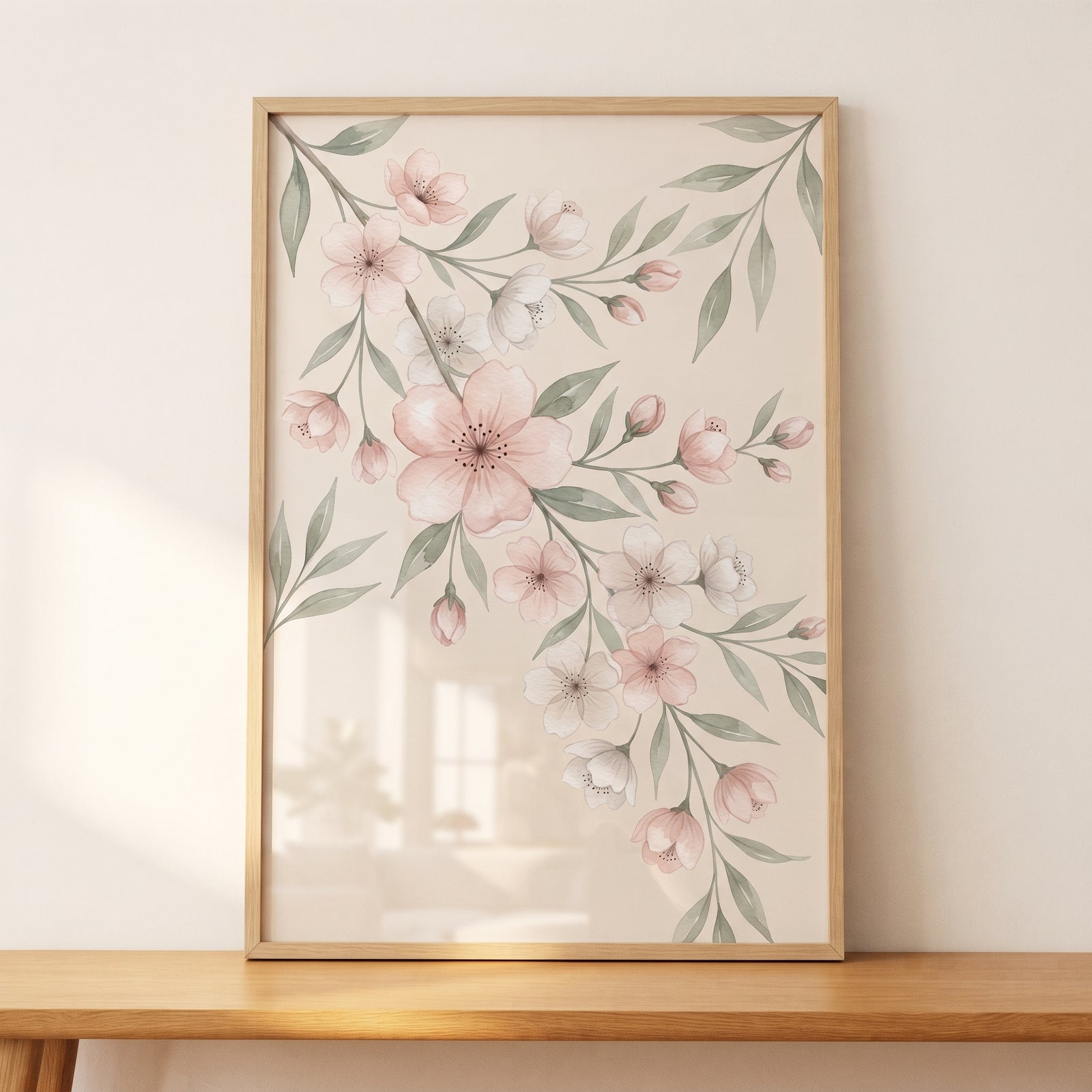 Soft watercolor pink floral wall art featuring blossoms and green leaves in a thin wood frame on a shelf.