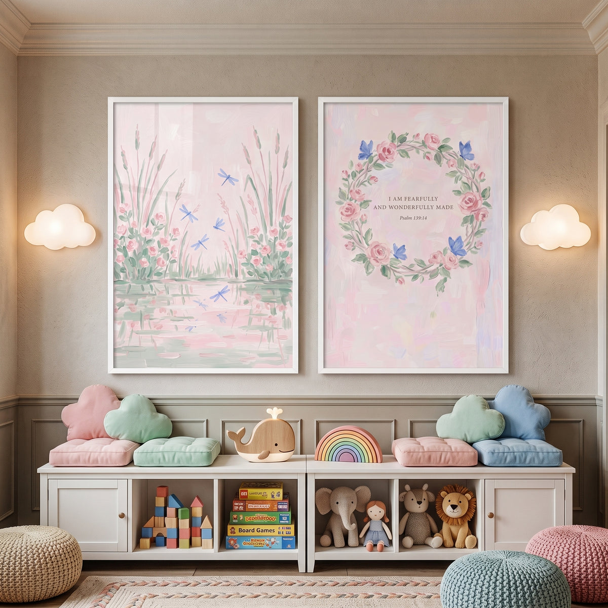 Soft Watercolor Pink Garden Wall Art Set of 2 - Serene Scripture Garden