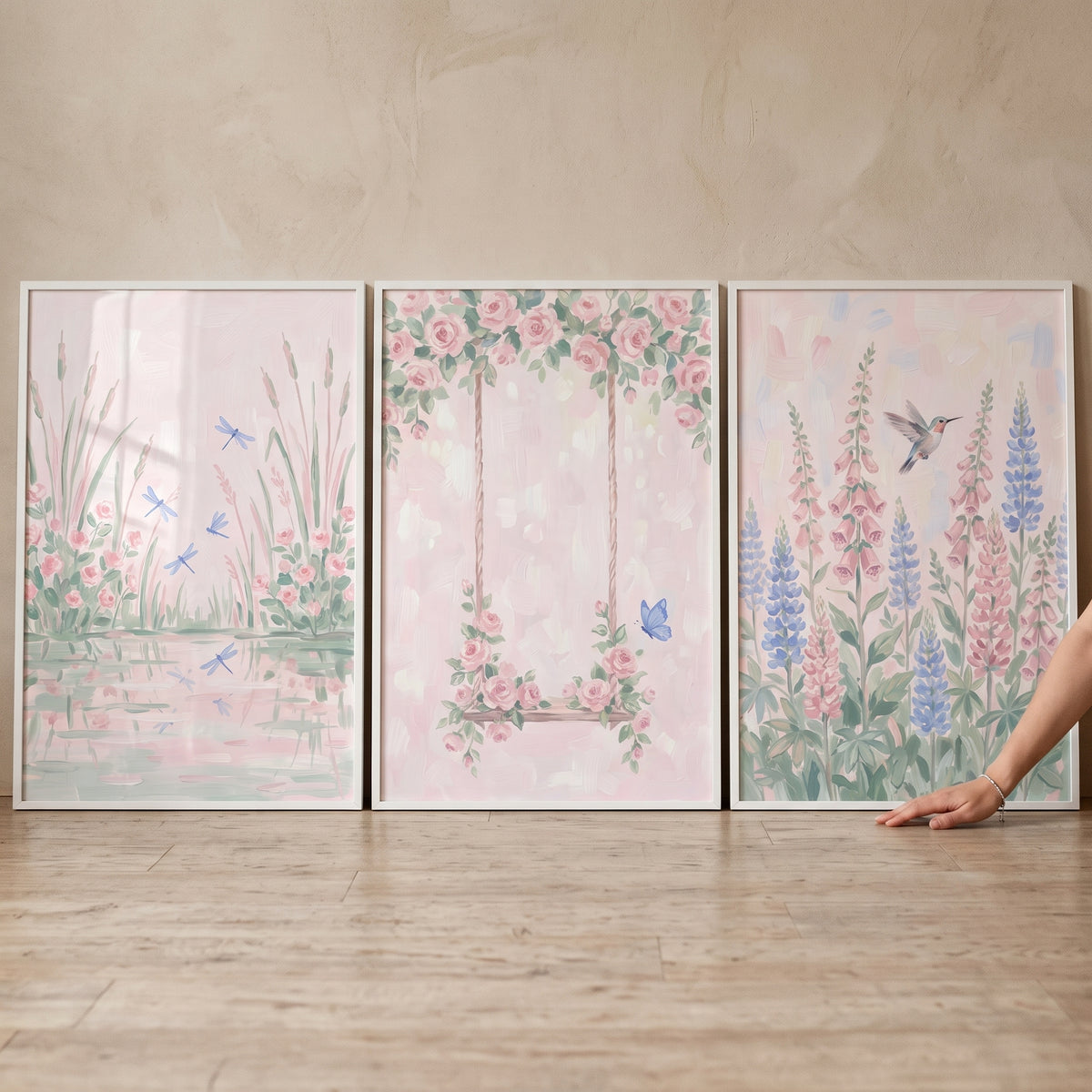 Soft Watercolor Pink Meadow Wall Art Set of 3 - Whimsical Floral Trio