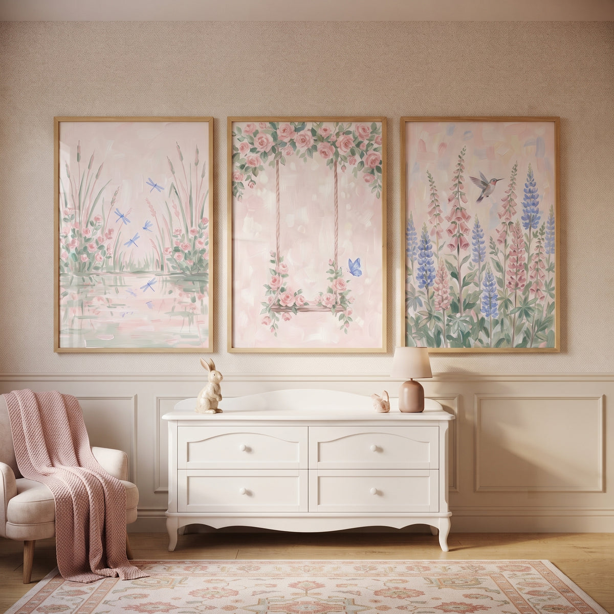 Soft Watercolor Pink Meadow Wall Art Set of 3 - Whimsical Floral Trio