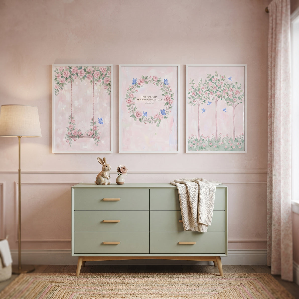 Soft Watercolor Pink Rose Floral Wall Art Set of 3 - Pastel Rose Garden