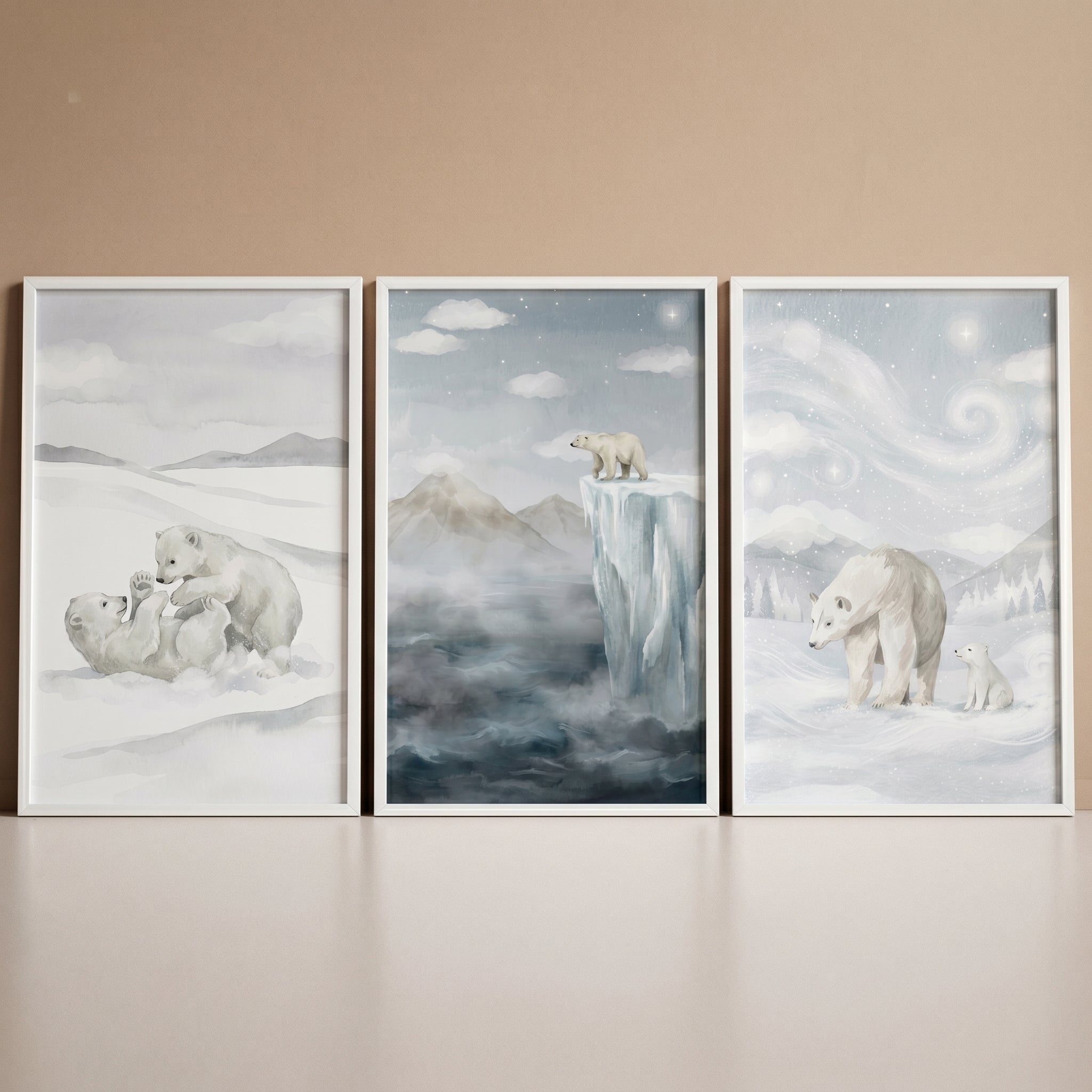 Soft Watercolor Polar Bear Wall Art Set of 3 - Polar Bear Tales