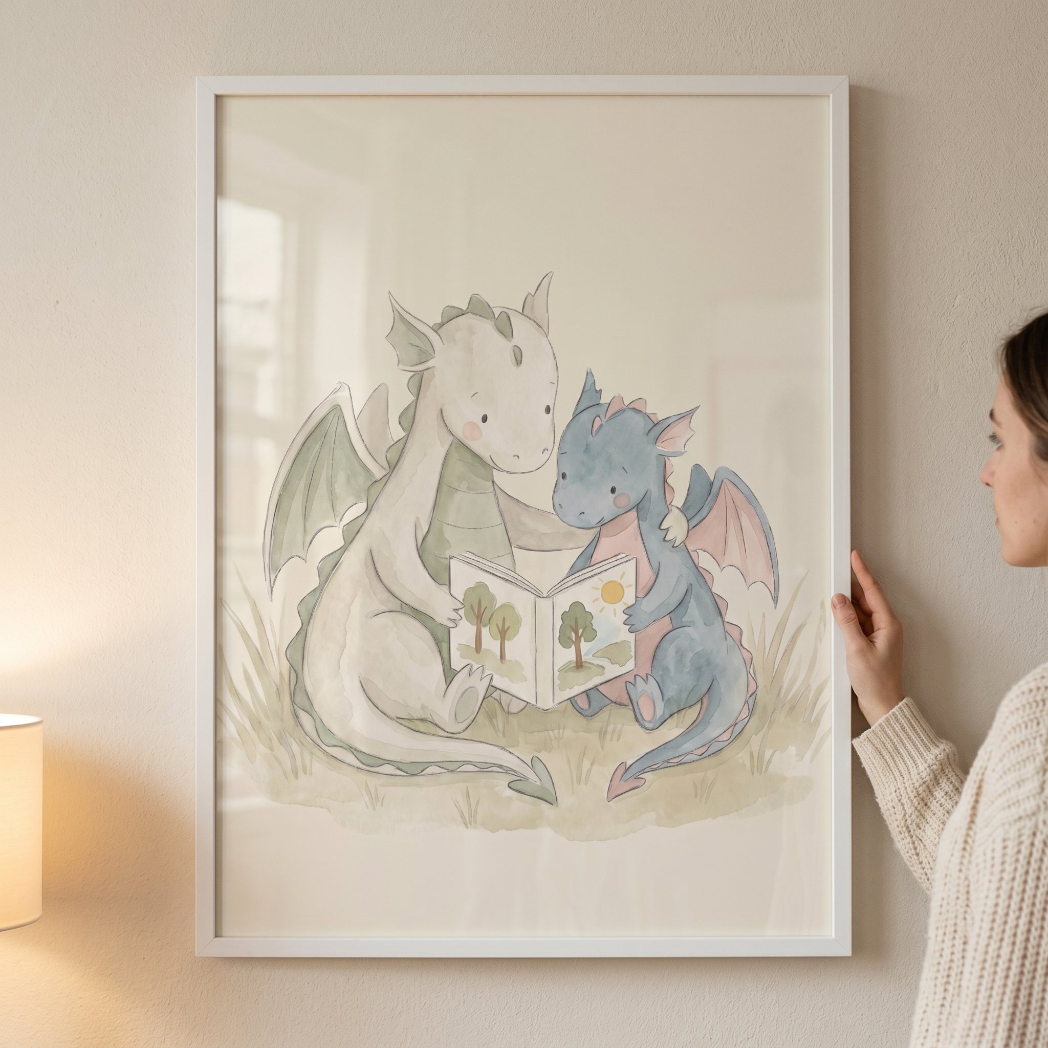 Soft Watercolor Reading Dragon Wall Art - Cozy Dragon Reading