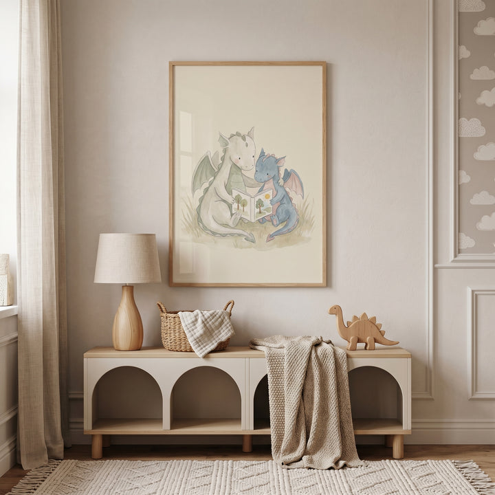 Soft watercolor reading dragon wall art hangs above an arched wooden bench in a neutral nursery with a dinosaur toy.