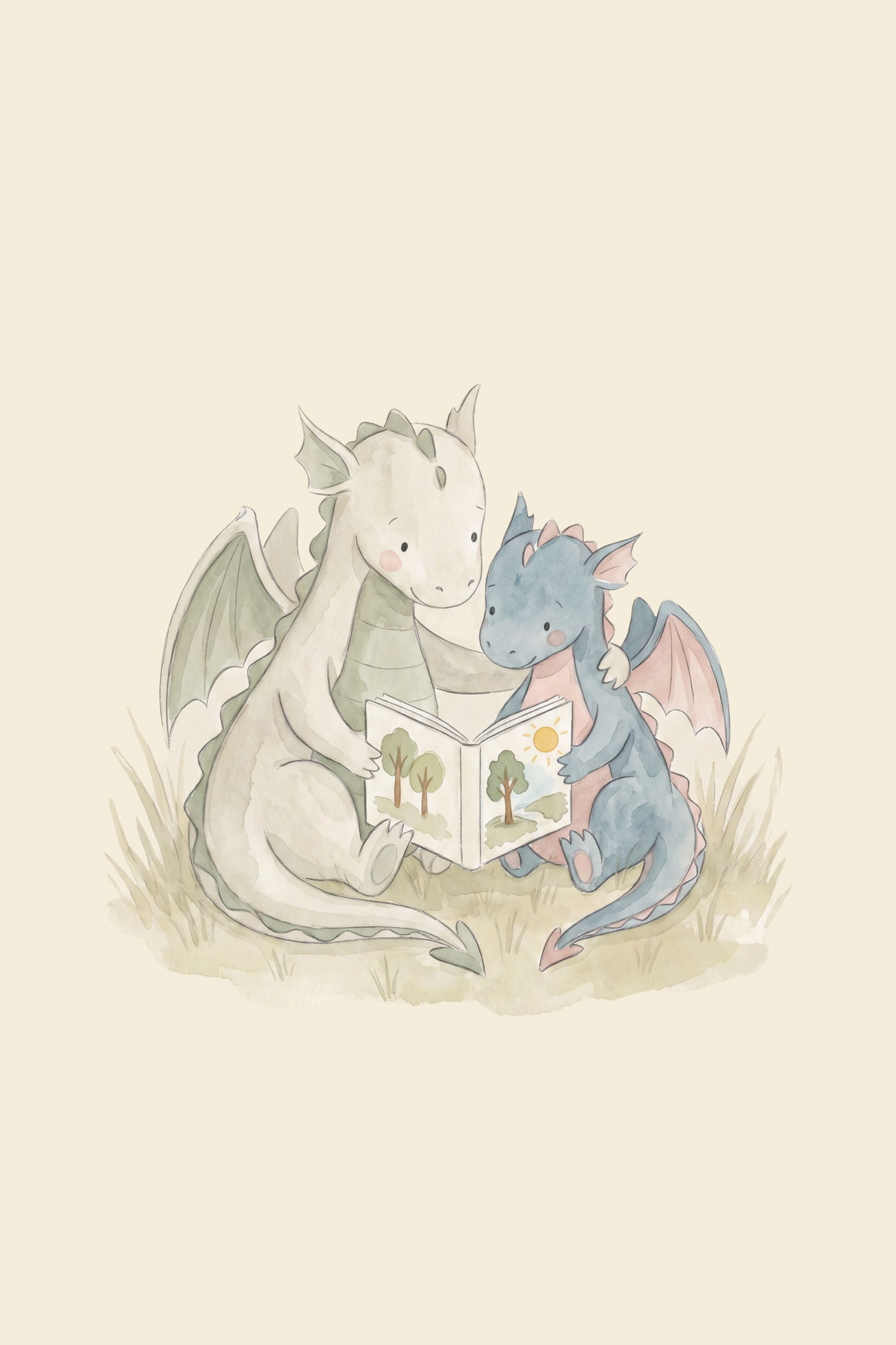 Soft Watercolor Reading Dragon Wall Art - Cozy Dragon Reading