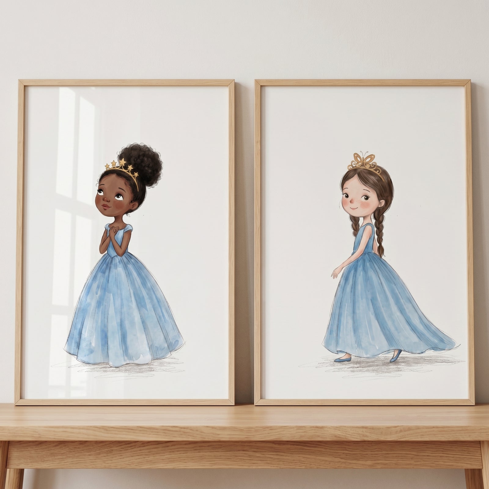 Soft watercolor royal princess wall art set of 2 featuring a Black girl and a white girl in blue gowns and gold crowns.