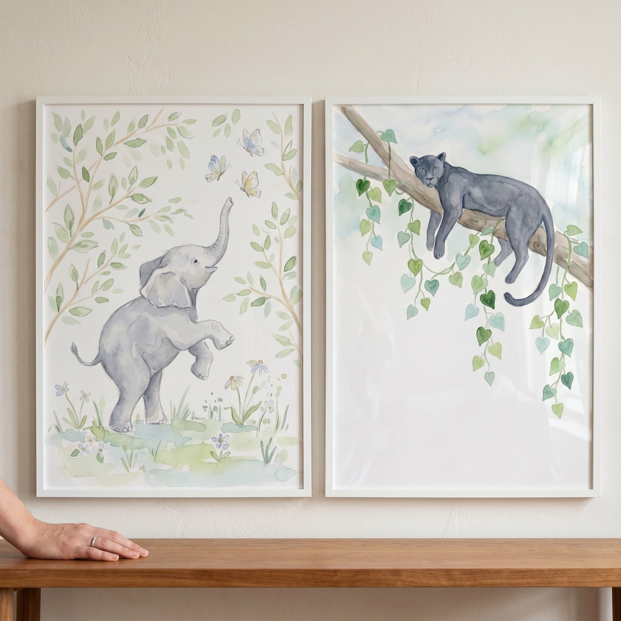 Soft Watercolor Safari Animal Wall Art Set of 2 - Sweet Jungle Animals