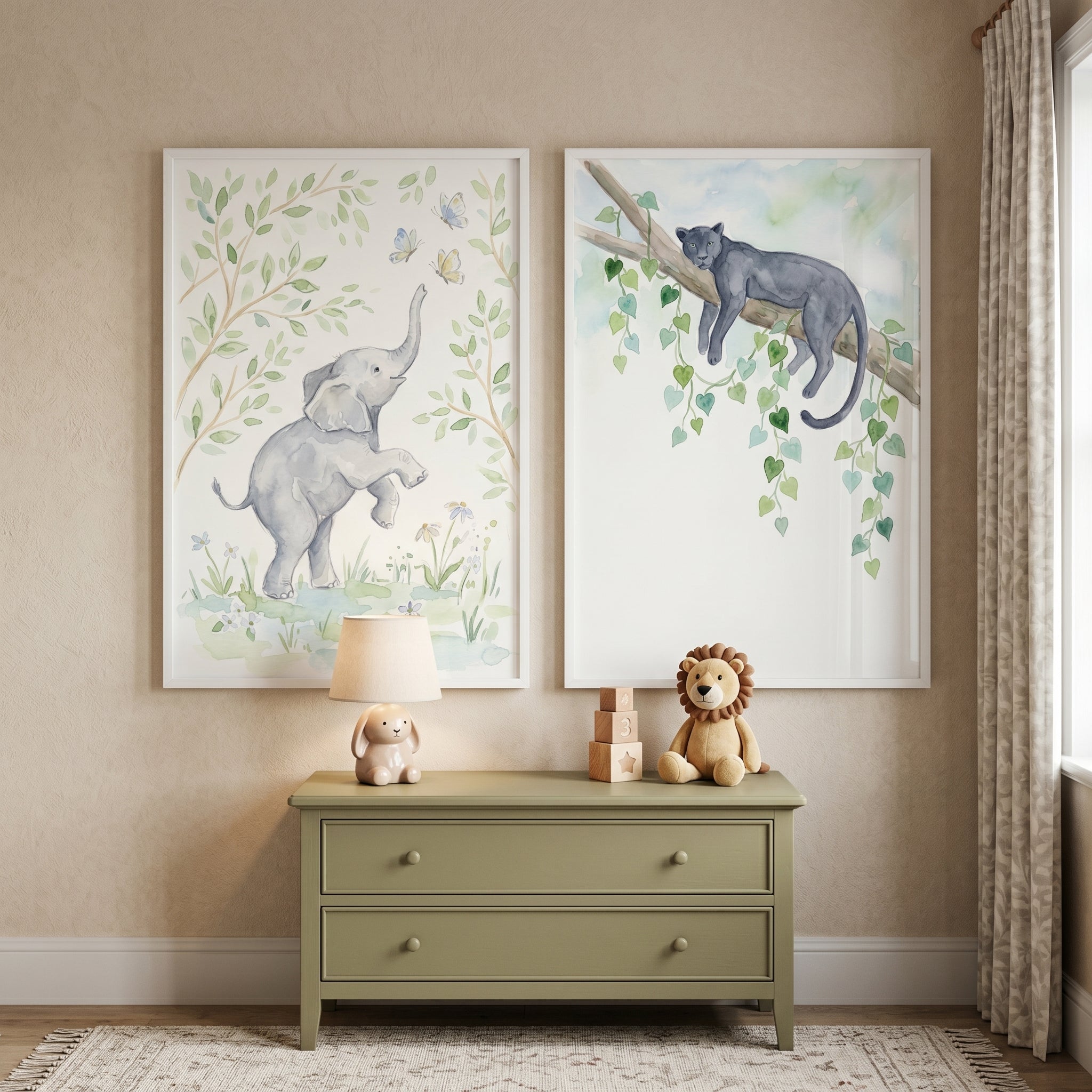 Soft Watercolor Safari Animal Wall Art Set of 2 - Sweet Jungle Animals