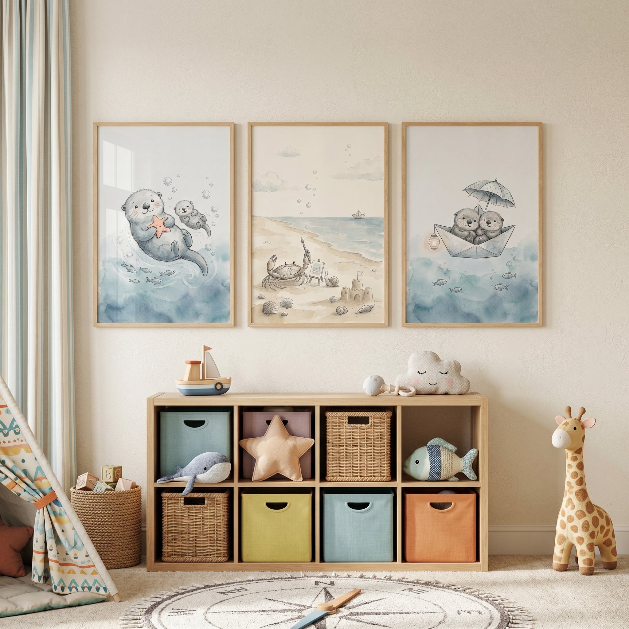 Soft Watercolor Sea Animal Wall Art Set Of 3 - Otter Beach Adventures