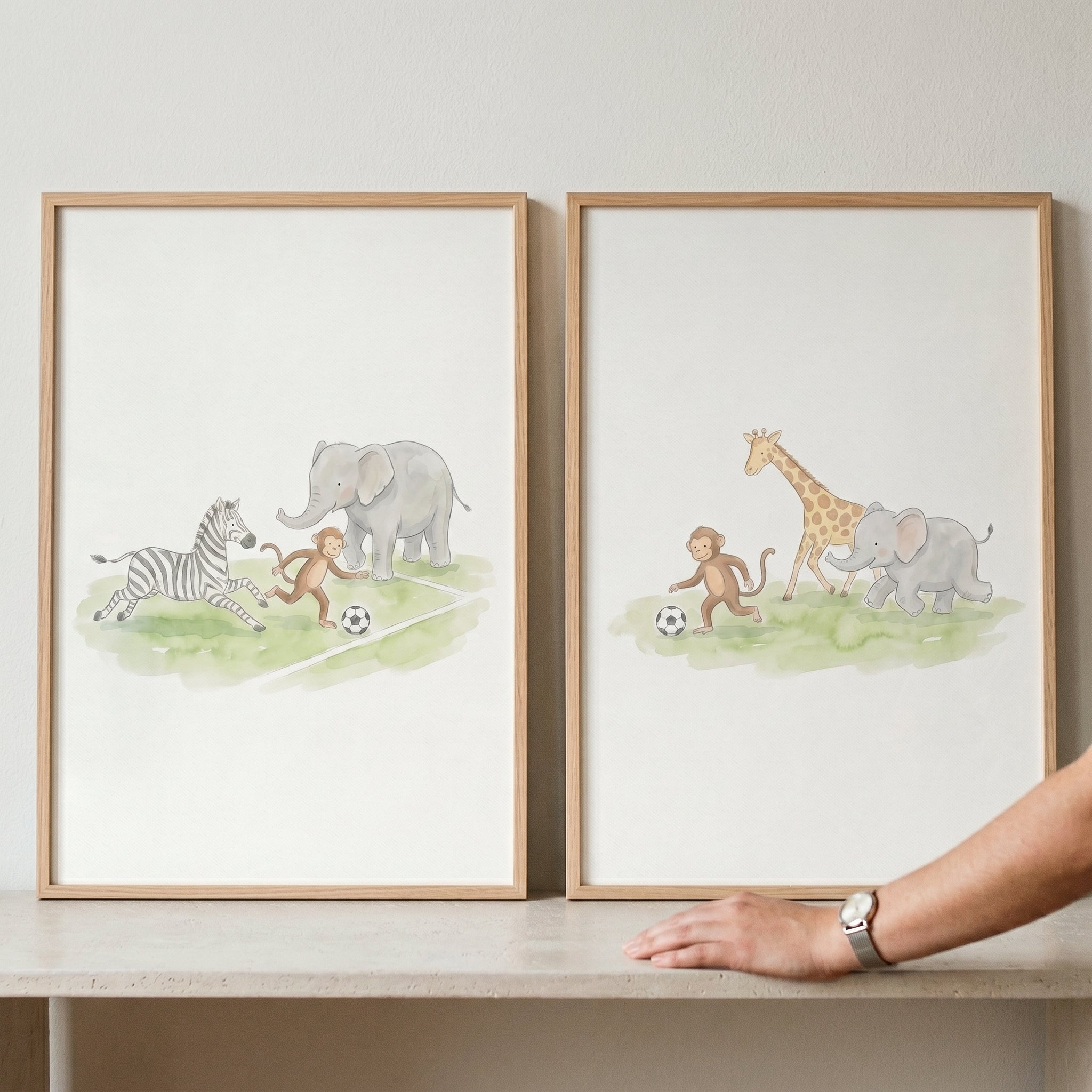 Soft Watercolor Soccer Animal Wall Art Set of 2 - Safari Soccer Friends