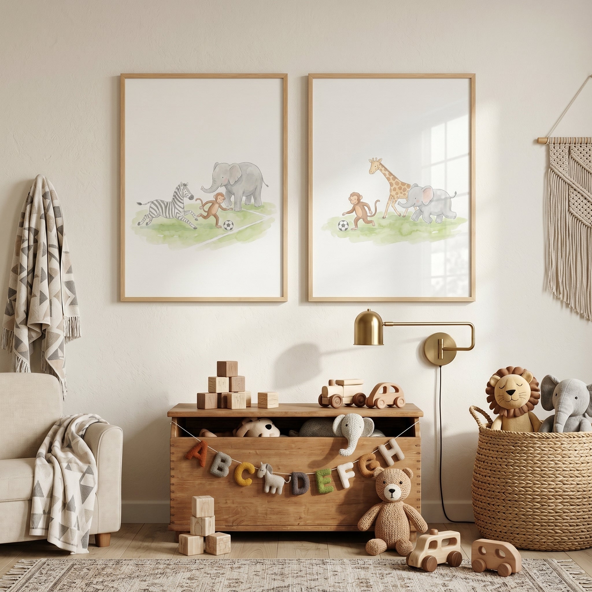 Soft Watercolor Soccer Animal Wall Art Set of 2 - Safari Soccer Friends