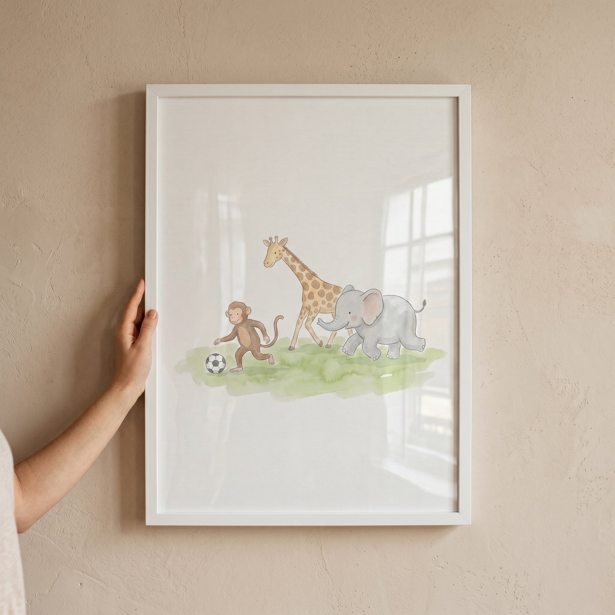 Soft Watercolor Soccer Animals Wall Art - Jungle Soccer Fun
