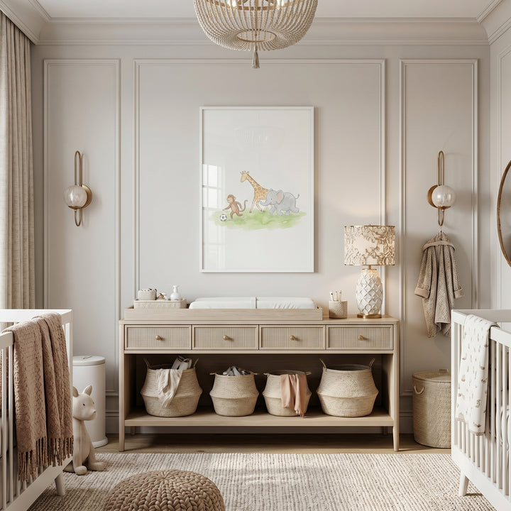 Soft watercolor soccer animals wall art hangs above a wooden changing table in a neutral twin nursery with two white cribs.
