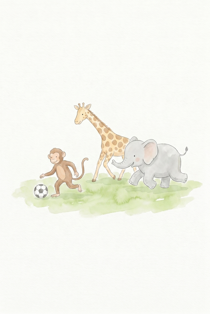 A monkey, giraffe, and elephant play with a soccer ball in this soft watercolor soccer animals wall art.