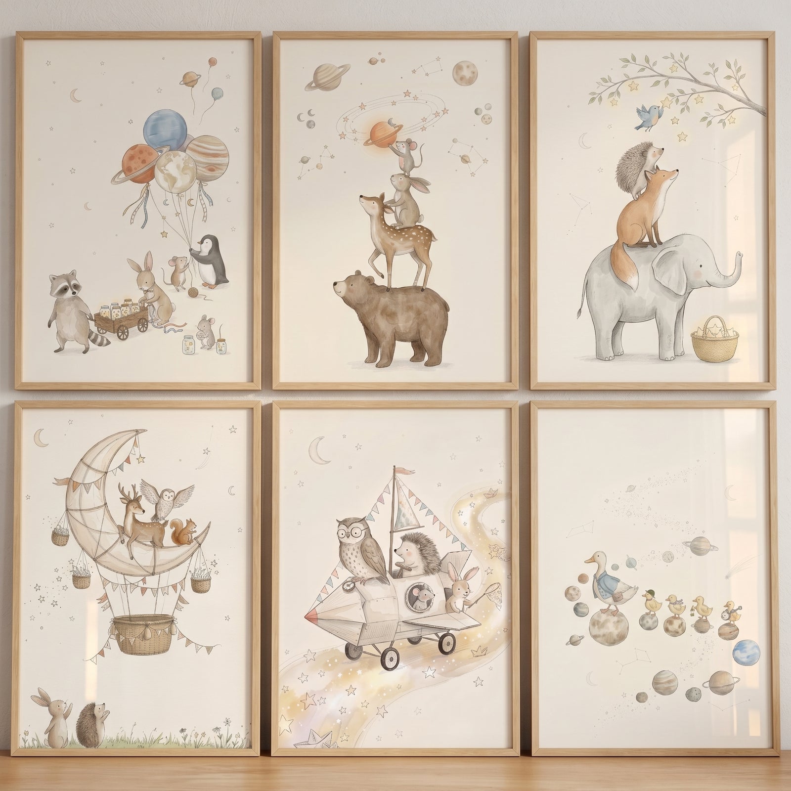 Soft watercolor space animals wall art set of 6 featuring whimsical animals among planets, stars, and crescent moons.