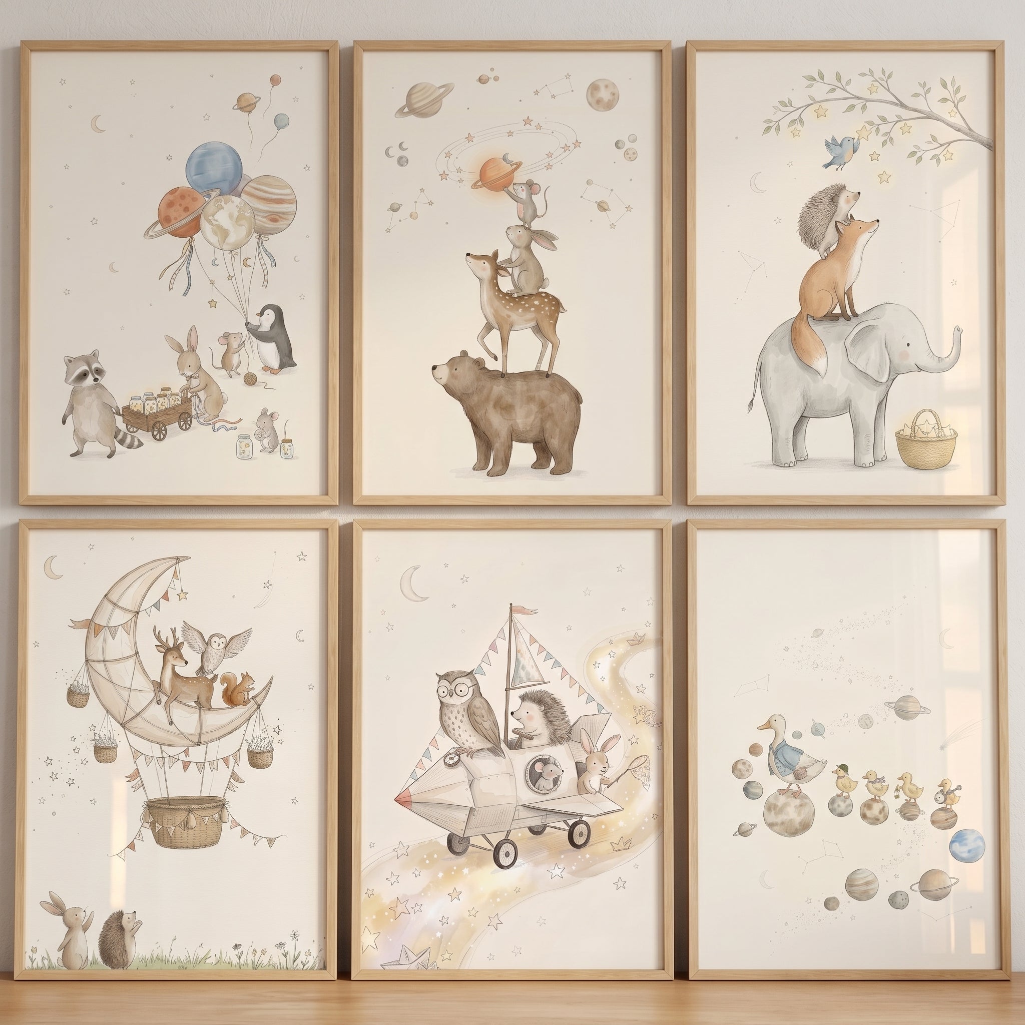 Soft Watercolor Space Animals Wall Art Set of 6 - Celestial Animal Friends
