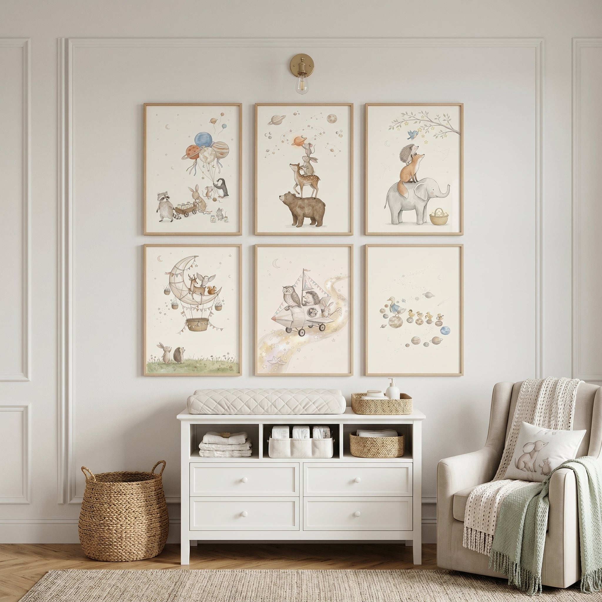 Soft Watercolor Space Animals Wall Art Set of 6 - Celestial Animal Friends