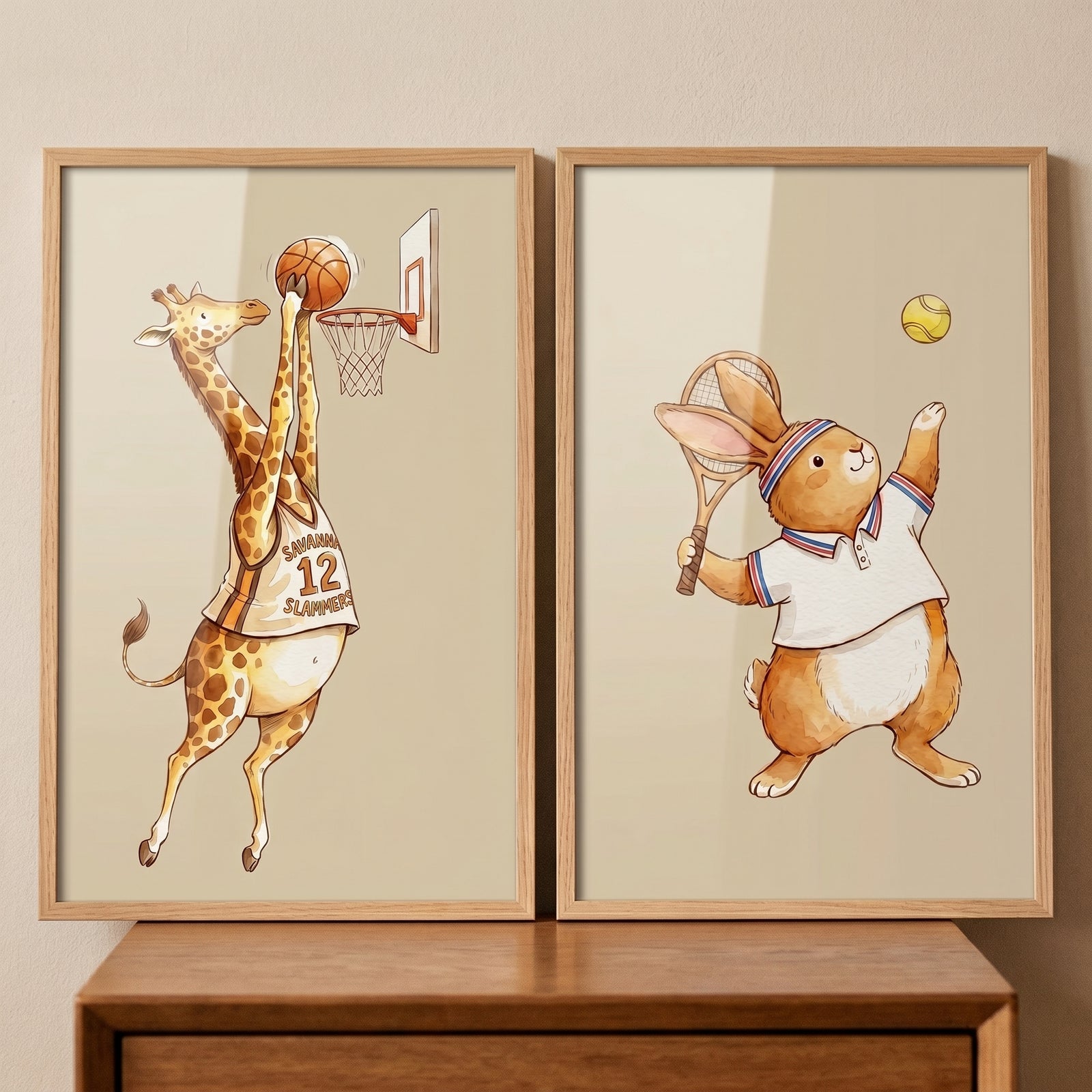 Giraffe playing basketball and a rabbit playing tennis soft watercolor sports animals wall art set of 2.