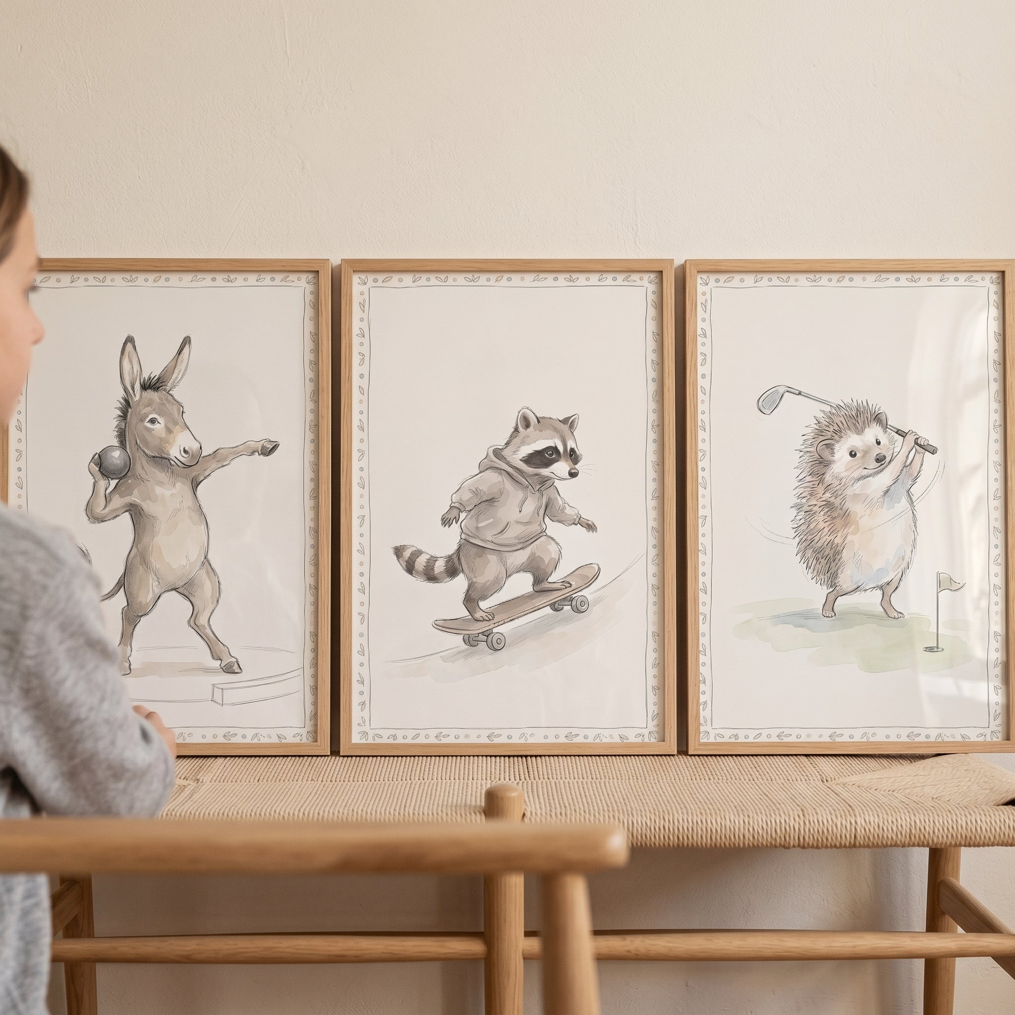 Soft Watercolor Sporty Animals Wall Art Set of 3 - Sporty Woodland Friends