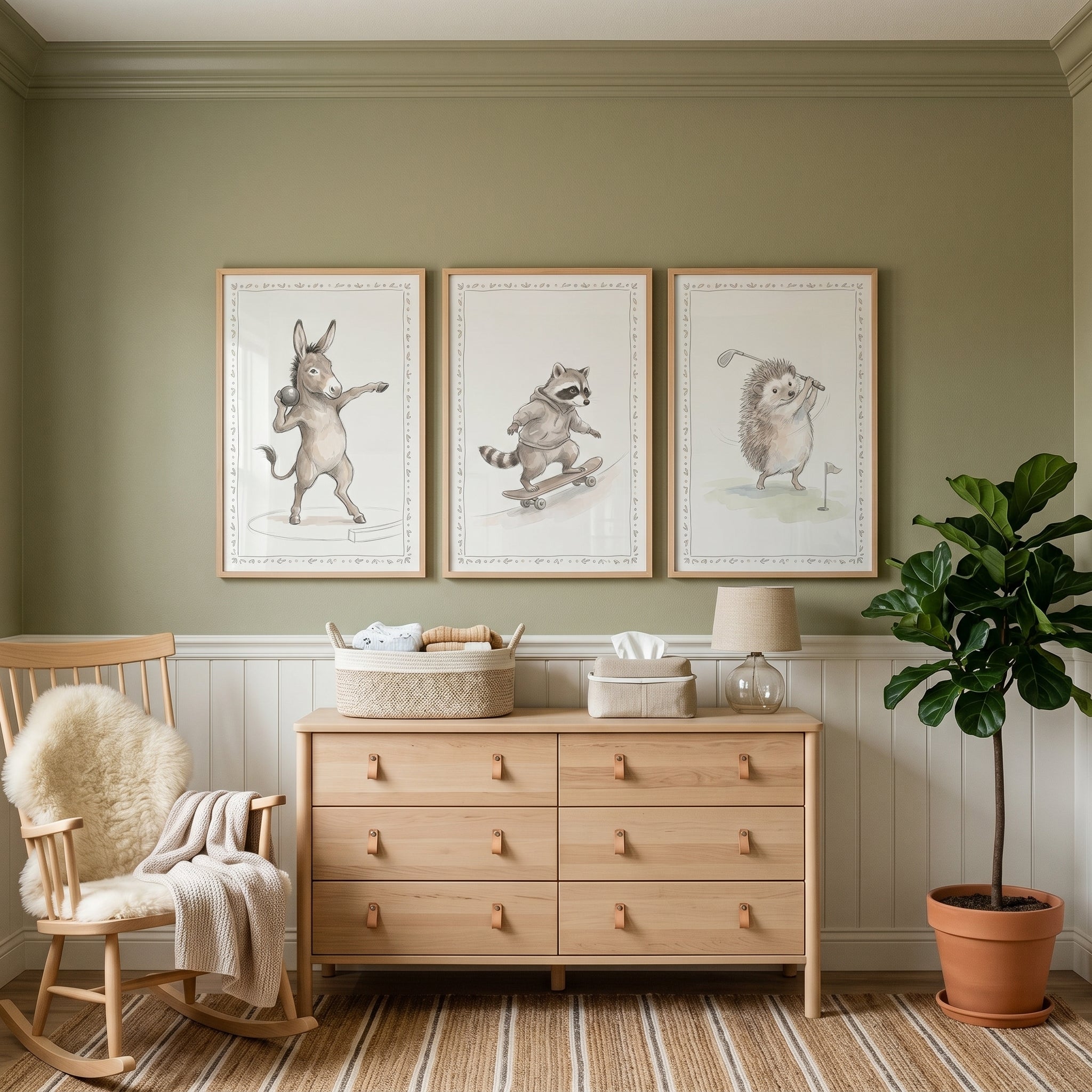 Soft Watercolor Sporty Animals Wall Art Set of 3 - Sporty Woodland Friends