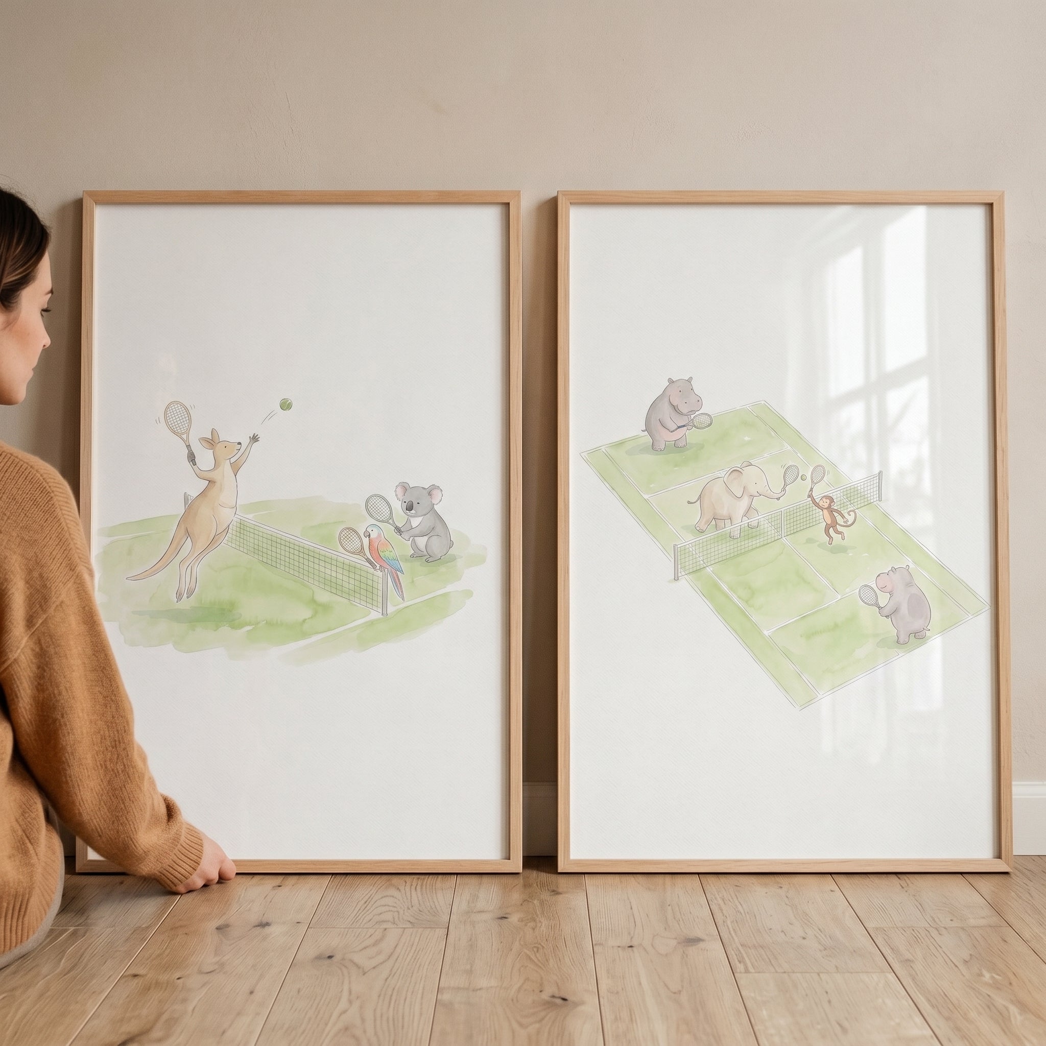 Soft Watercolor Tennis Animals Artwork Set of 2 - Whimsical Tennis Fun