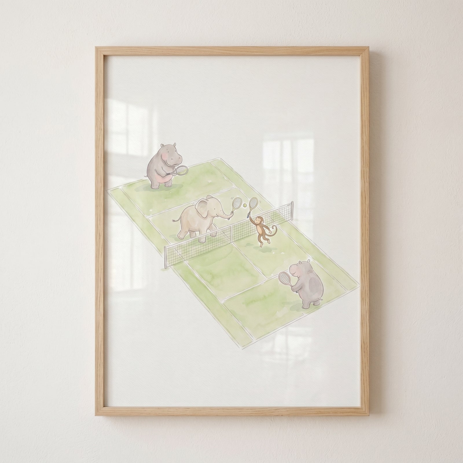 An elephant, two hippos, and a monkey play tennis in this soft watercolor tennis animals wall art.