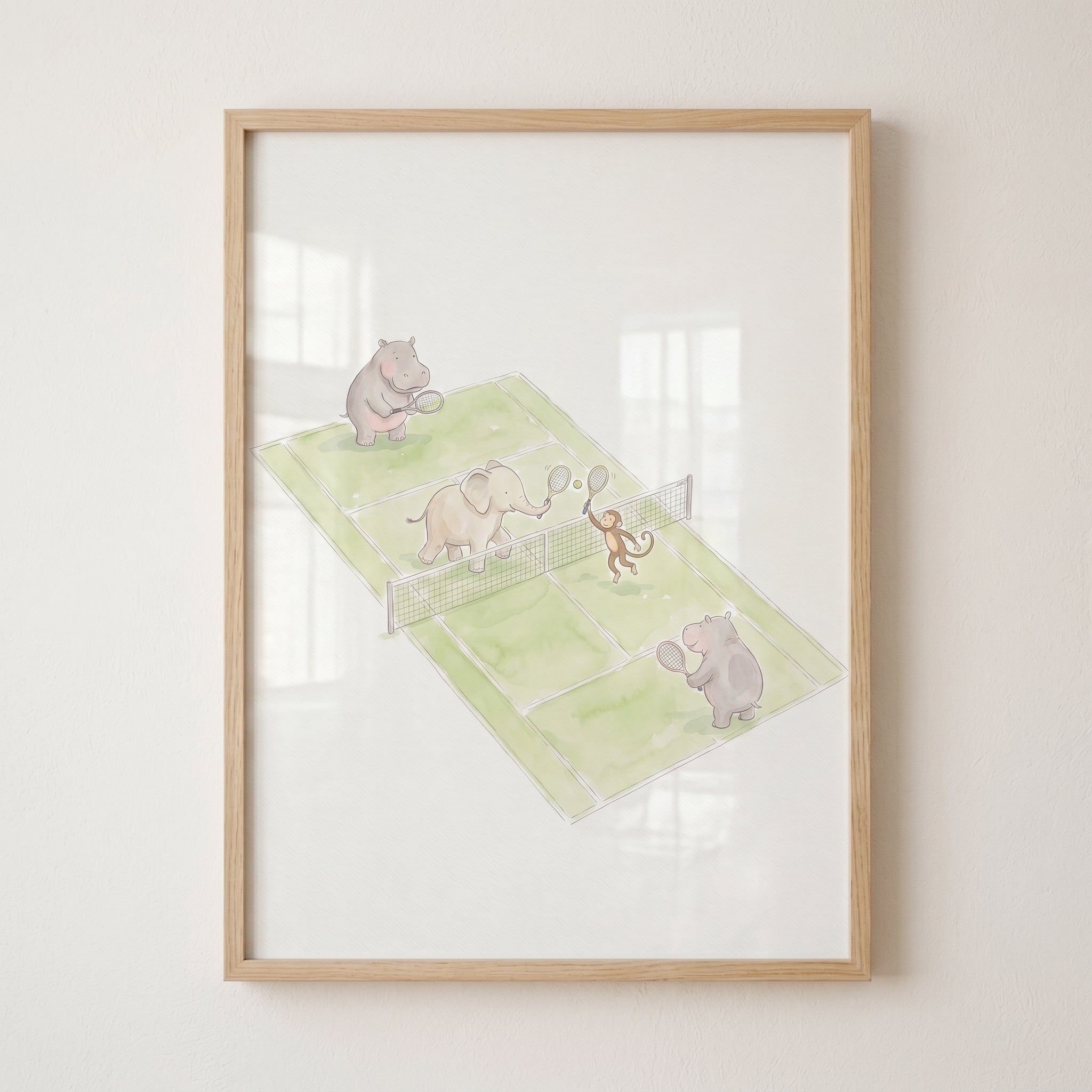 Soft Watercolor Tennis Animals Wall Art - Animal Tennis Rally