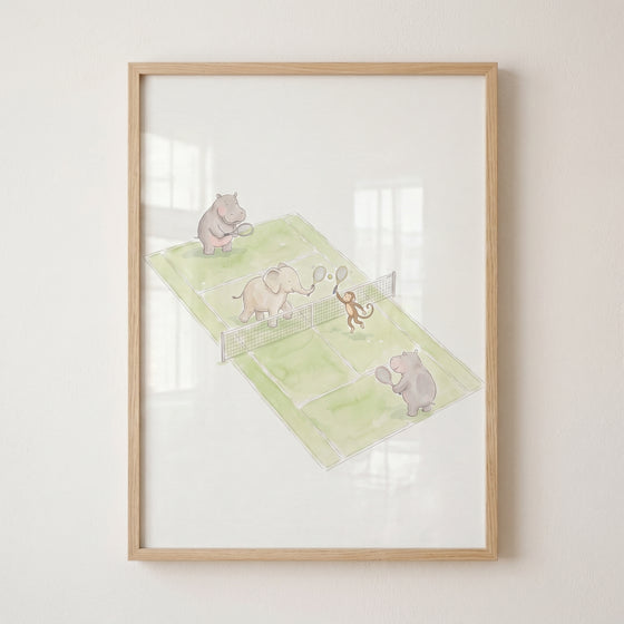 An elephant, two hippos, and a monkey play tennis in this soft watercolor tennis animals wall art.