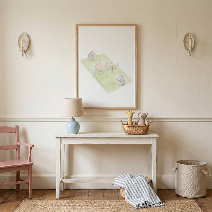 Soft watercolor tennis animals wall art above a white desk with a blue lamp, pink chair, and toys in a basket.