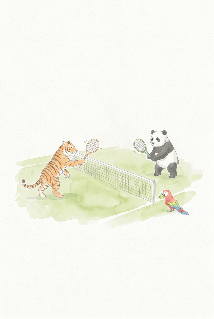 Tiger and panda play tennis in this soft watercolor tennis animals wall art as a parrot watches from the net.