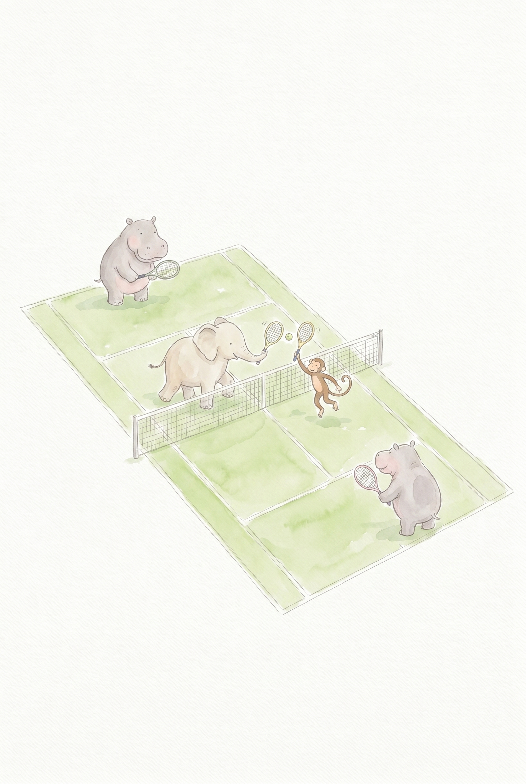 Soft Watercolor Tennis Animals Wall Art - Animal Tennis Rally