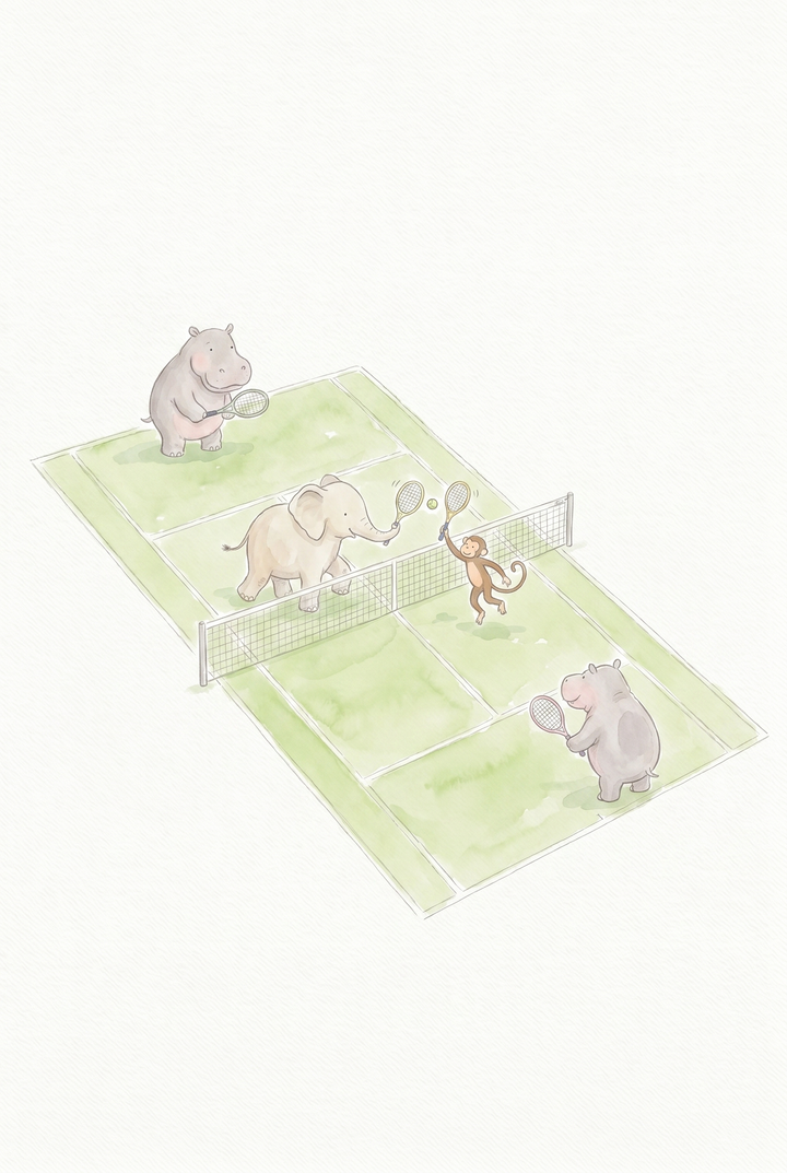 An elephant, monkey, and two hippos play doubles on a green court in this soft watercolor tennis animals wall art.