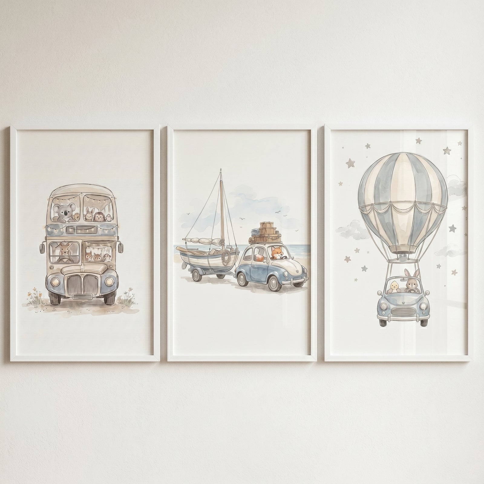 Soft watercolor traveler animals wall art set of 3 featuring a bus, a car towing a boat, and a car with a hot air balloon.