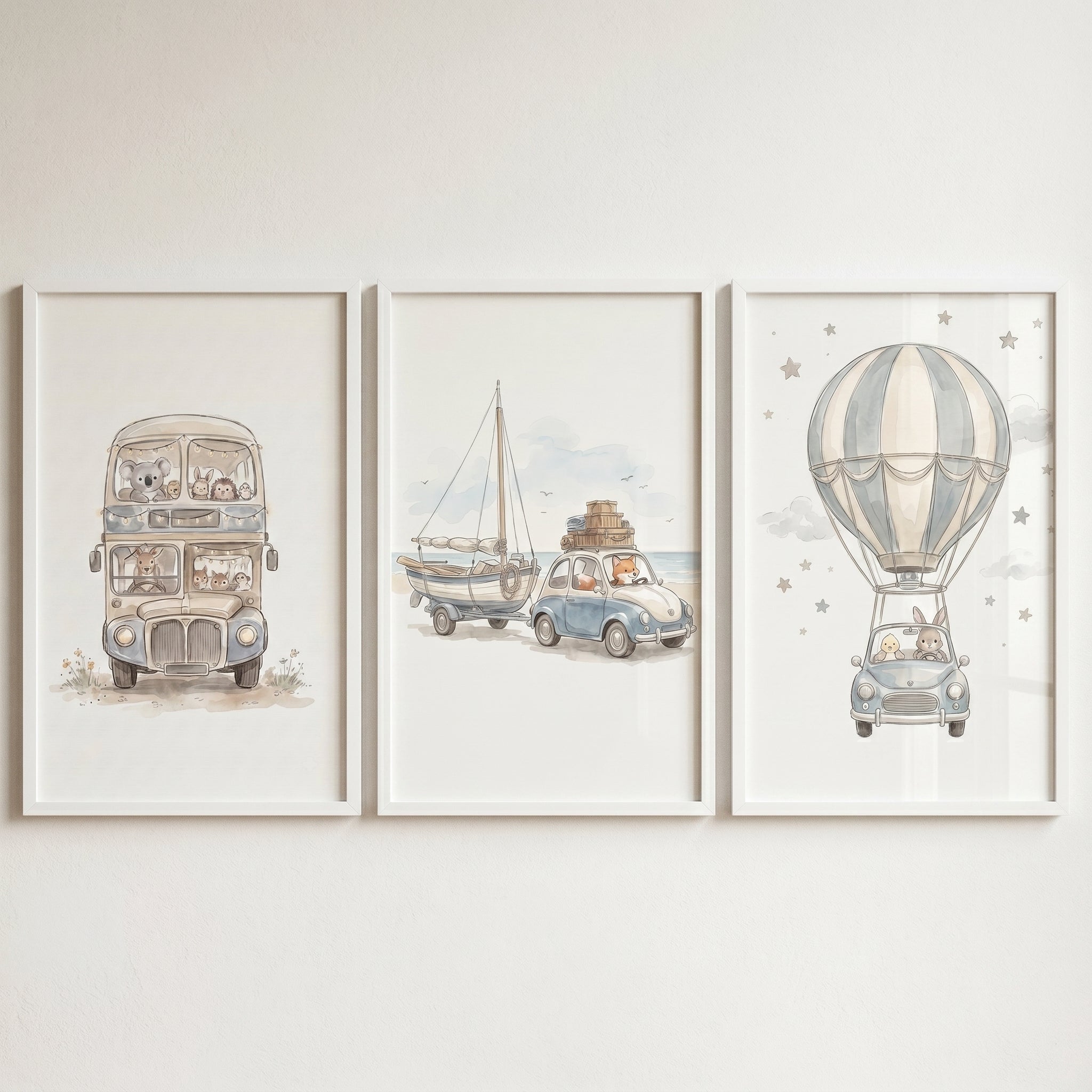 Soft Watercolor Traveler Animals Wall Art Set of 3 - Animal Travel Trio