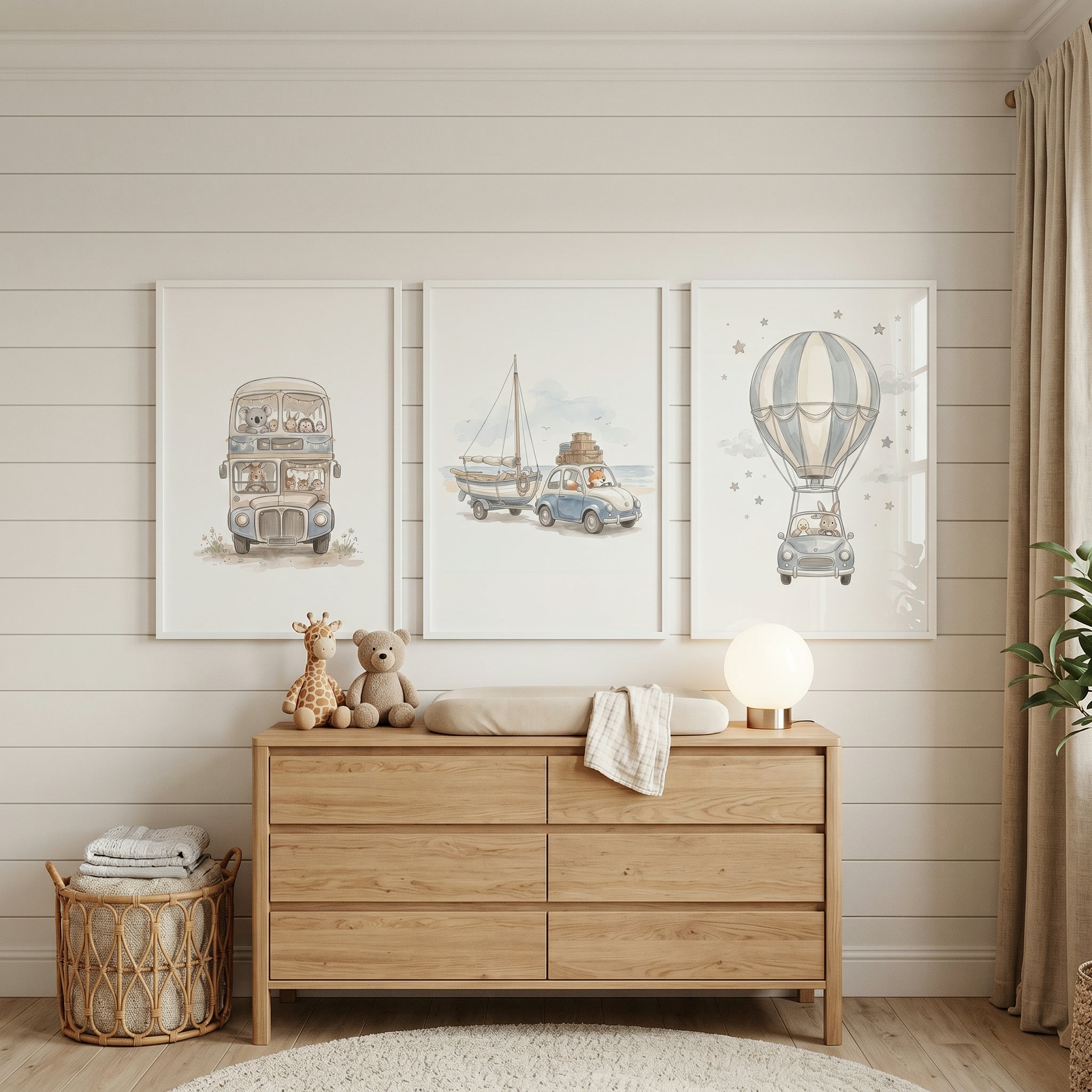 Soft Watercolor Traveler Animals Wall Art Set of 3 - Animal Travel Trio