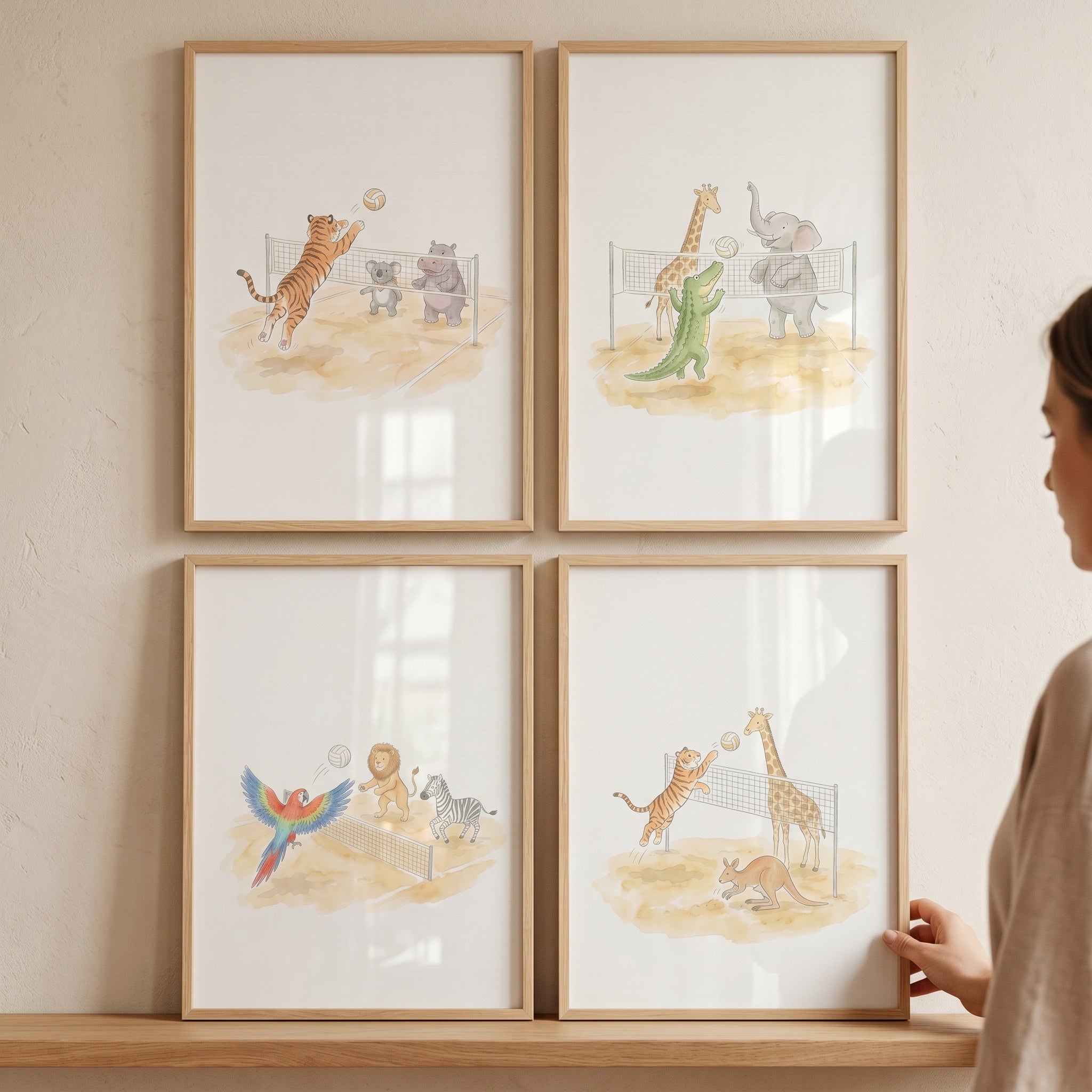 Soft Watercolor Volleyball Animals Wall Art Set of 4 - Wild Volleyball Fun