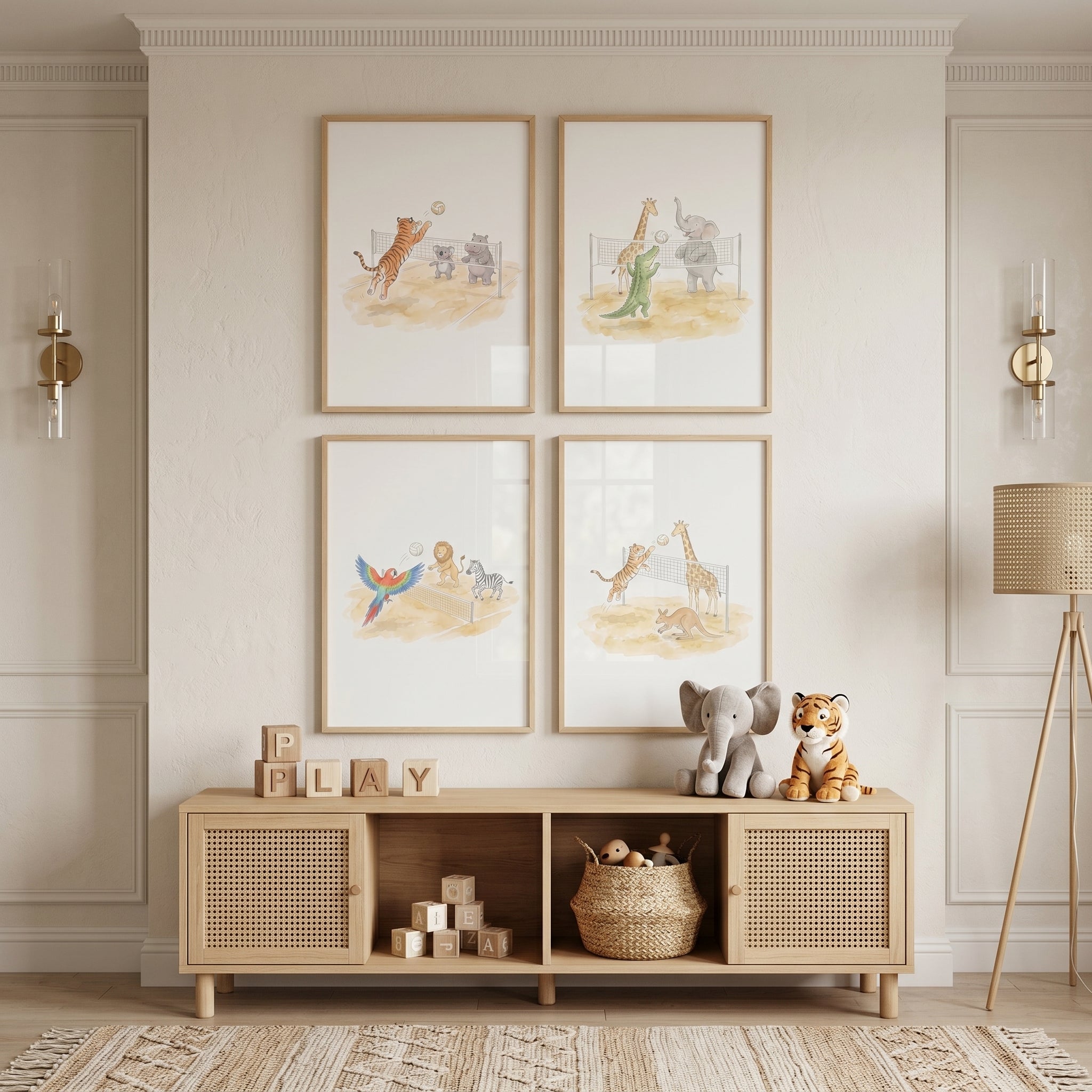 Soft Watercolor Volleyball Animals Wall Art Set of 4 - Wild Volleyball Fun